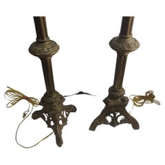 Pair of Solid Brass Ecclesiastical Candlesticks Lamped C1910