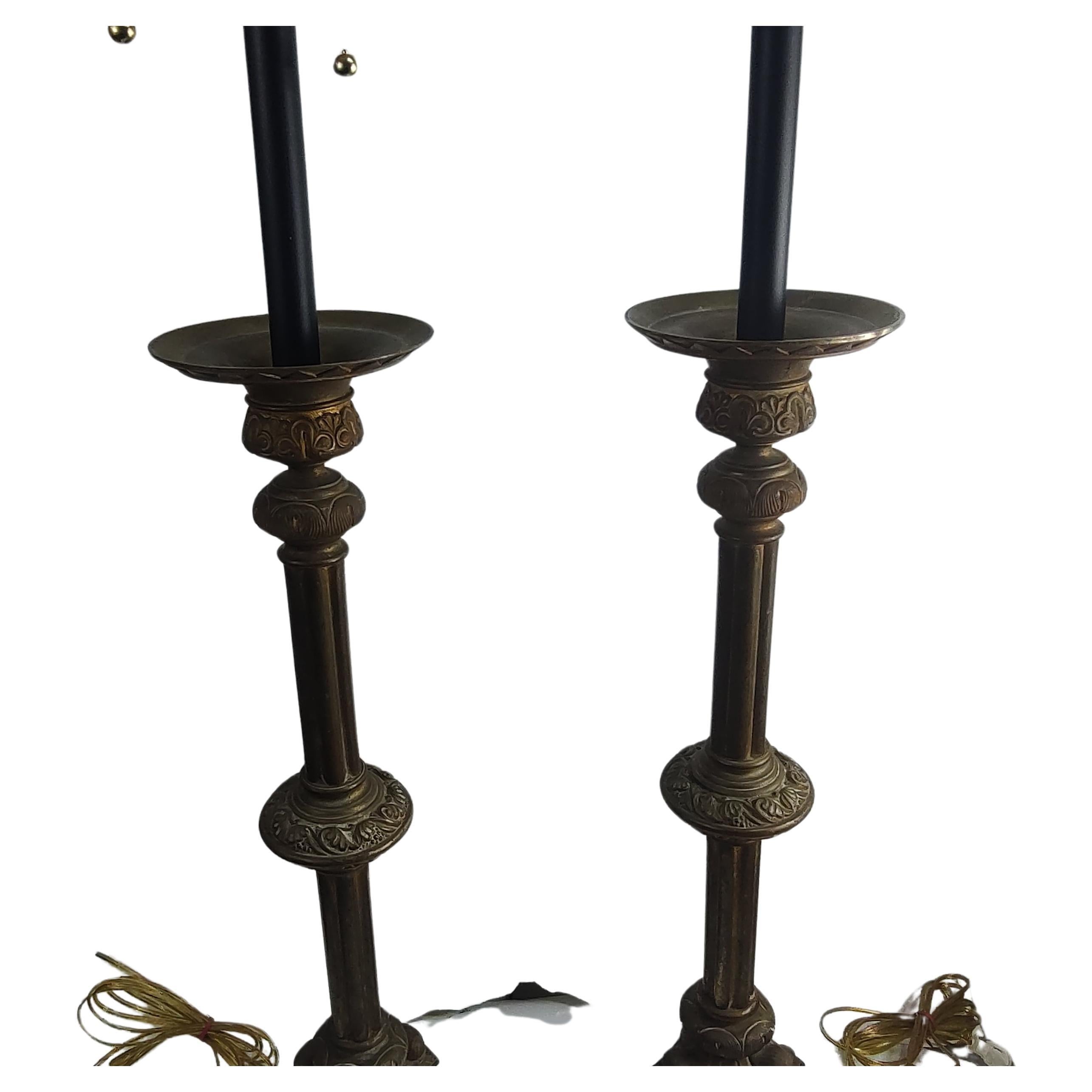 English Pair of Solid Brass Ecclesiastical Candlesticks Lamped C1910 For Sale