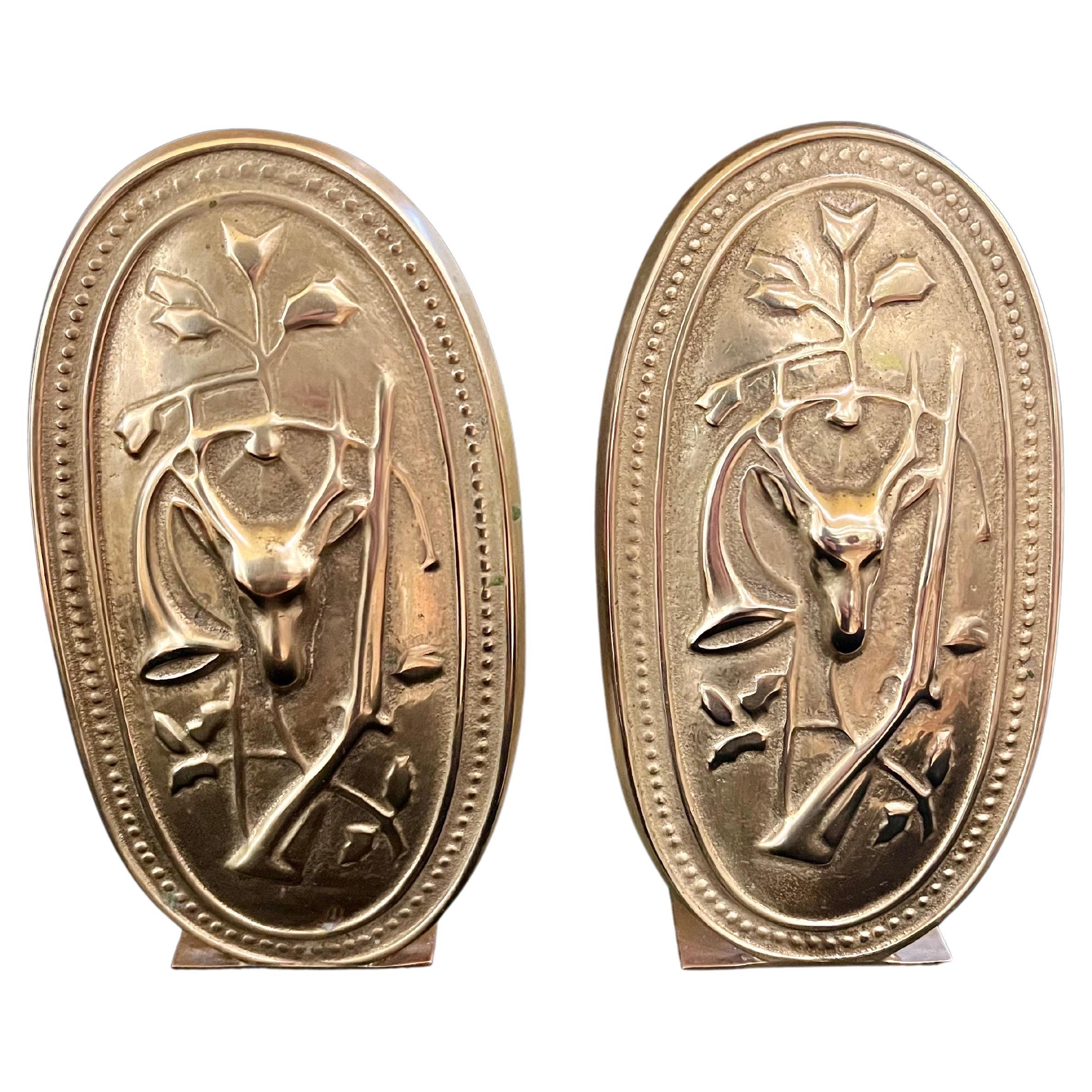 Pair of Solid Brass Embossed with Hunters Theme Italian Bookends by Horchow For Sale