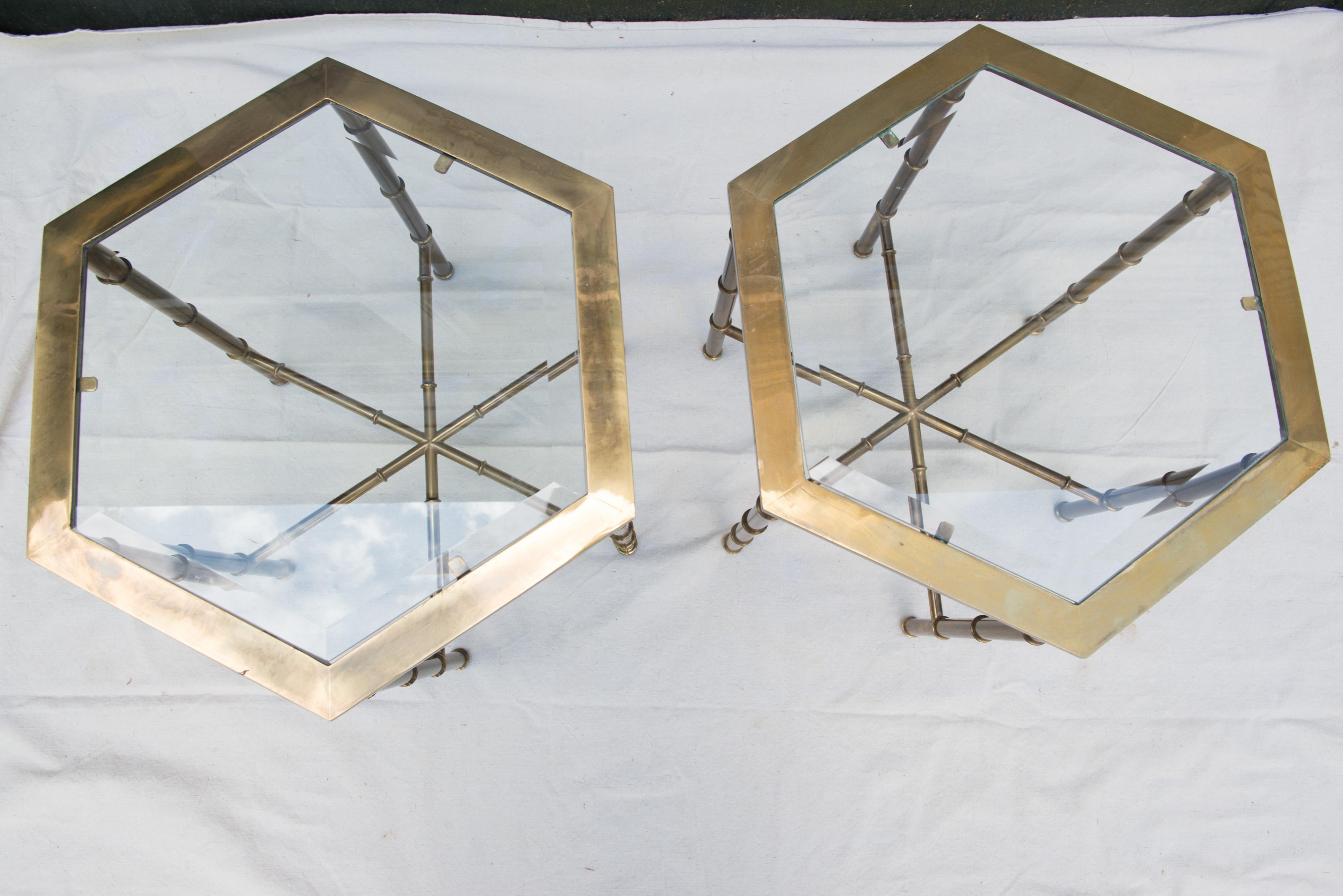 Pair of Solid Brass Faux Bamboo Mastercraft Hexagonal Side Tables 8