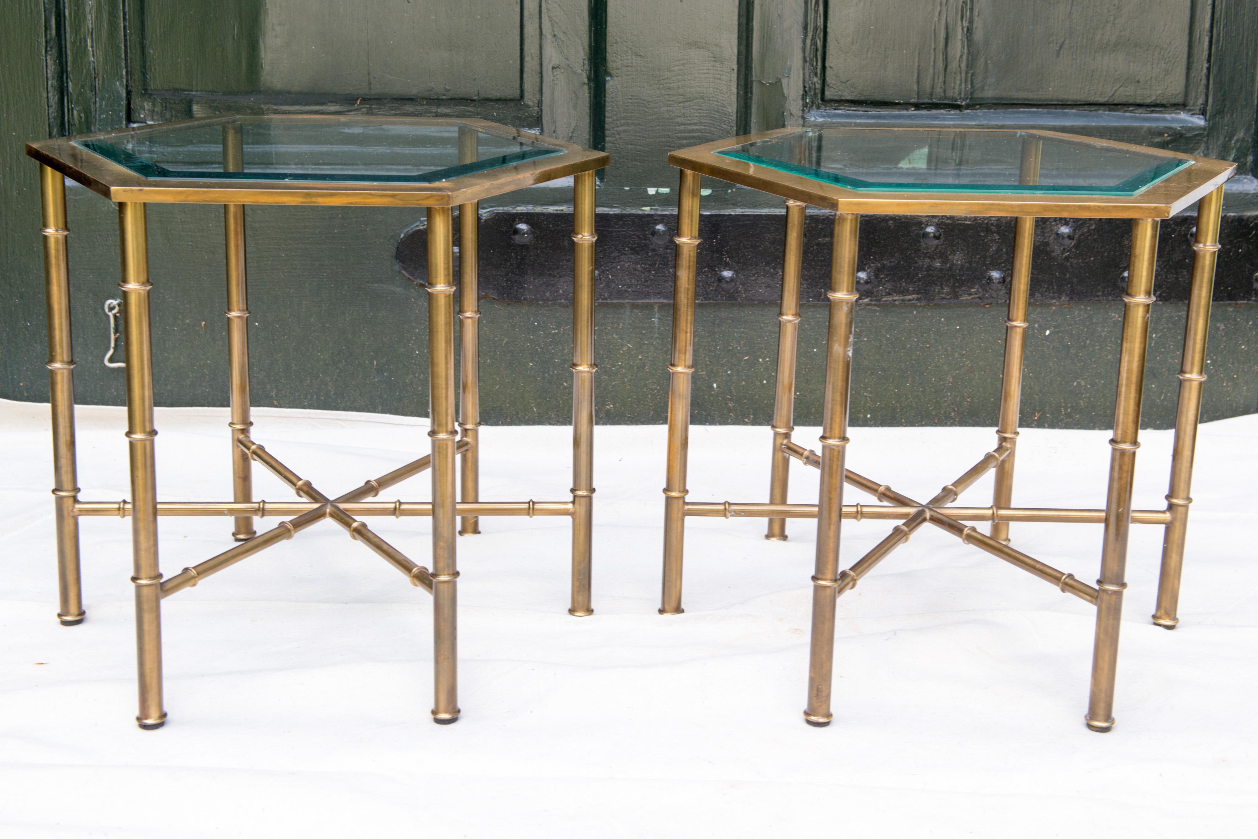 Pair of solid brass faux bamboo hexagonal glass top side tables by Mastercraft, 1970s.