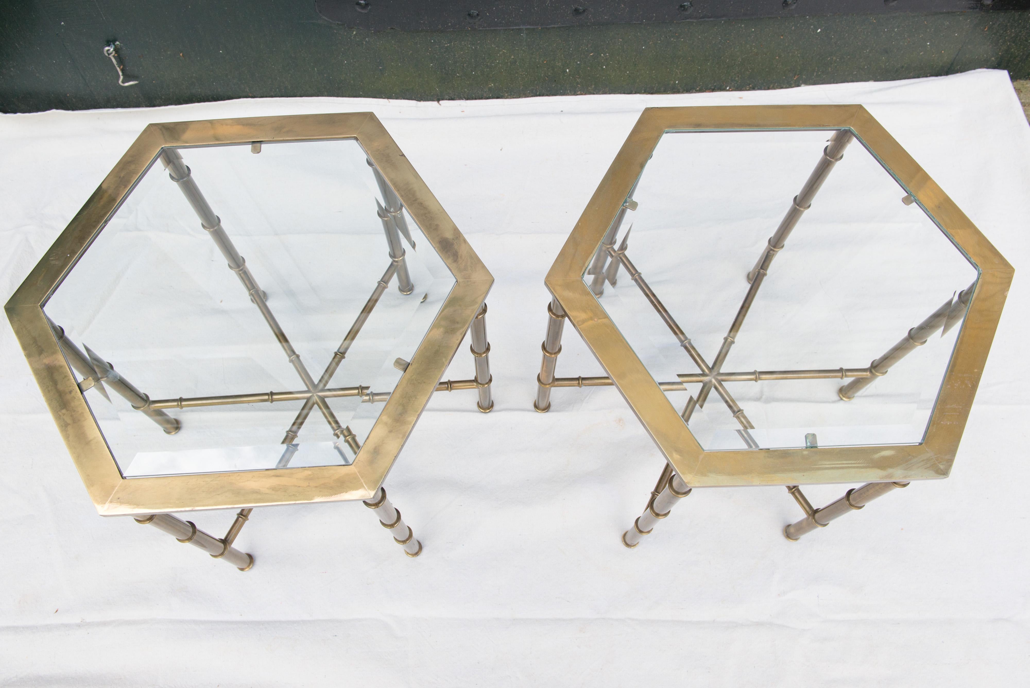 American Pair of Solid Brass Faux Bamboo Mastercraft Hexagonal Side Tables