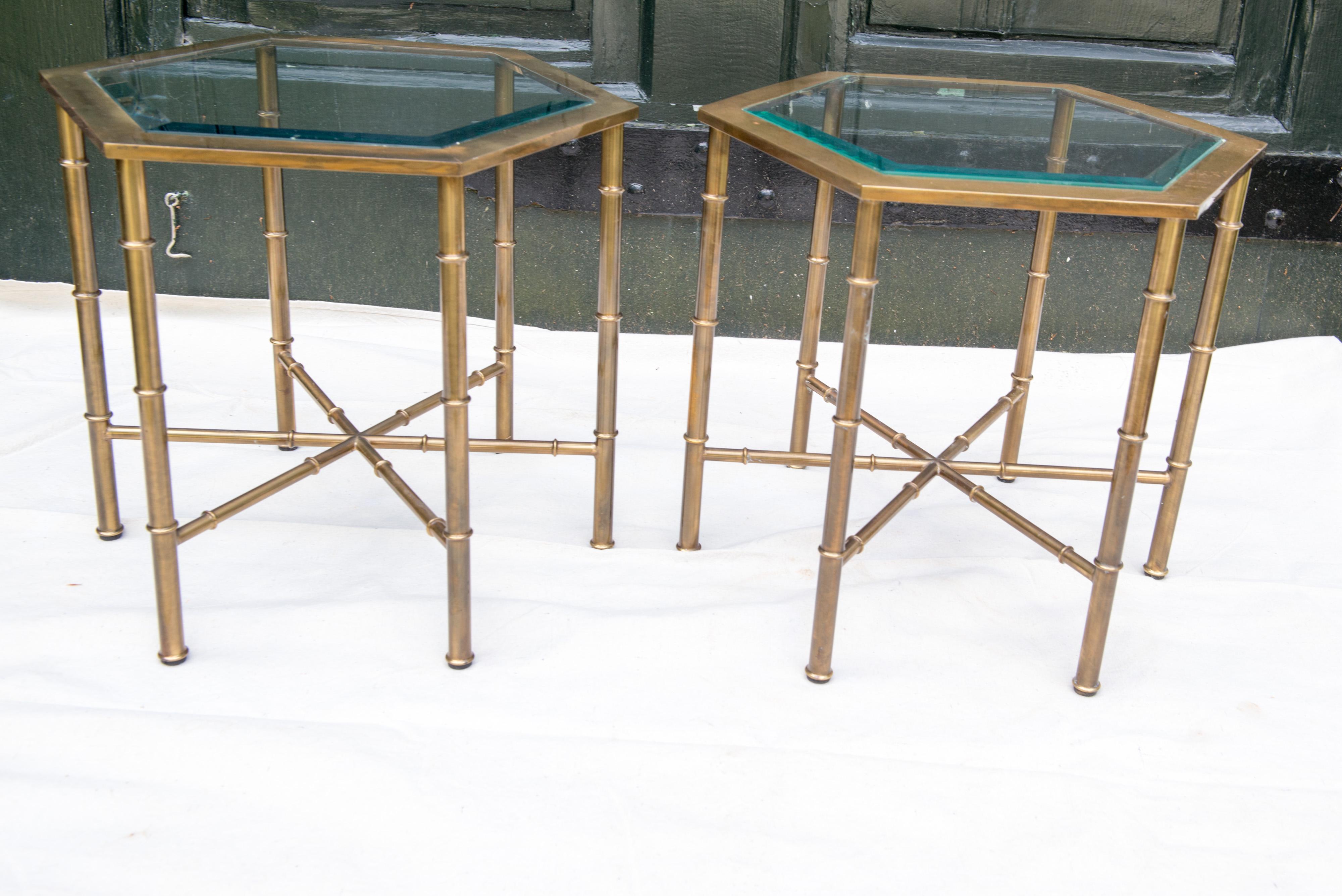 Late 19th Century Pair of Solid Brass Faux Bamboo Mastercraft Hexagonal Side Tables