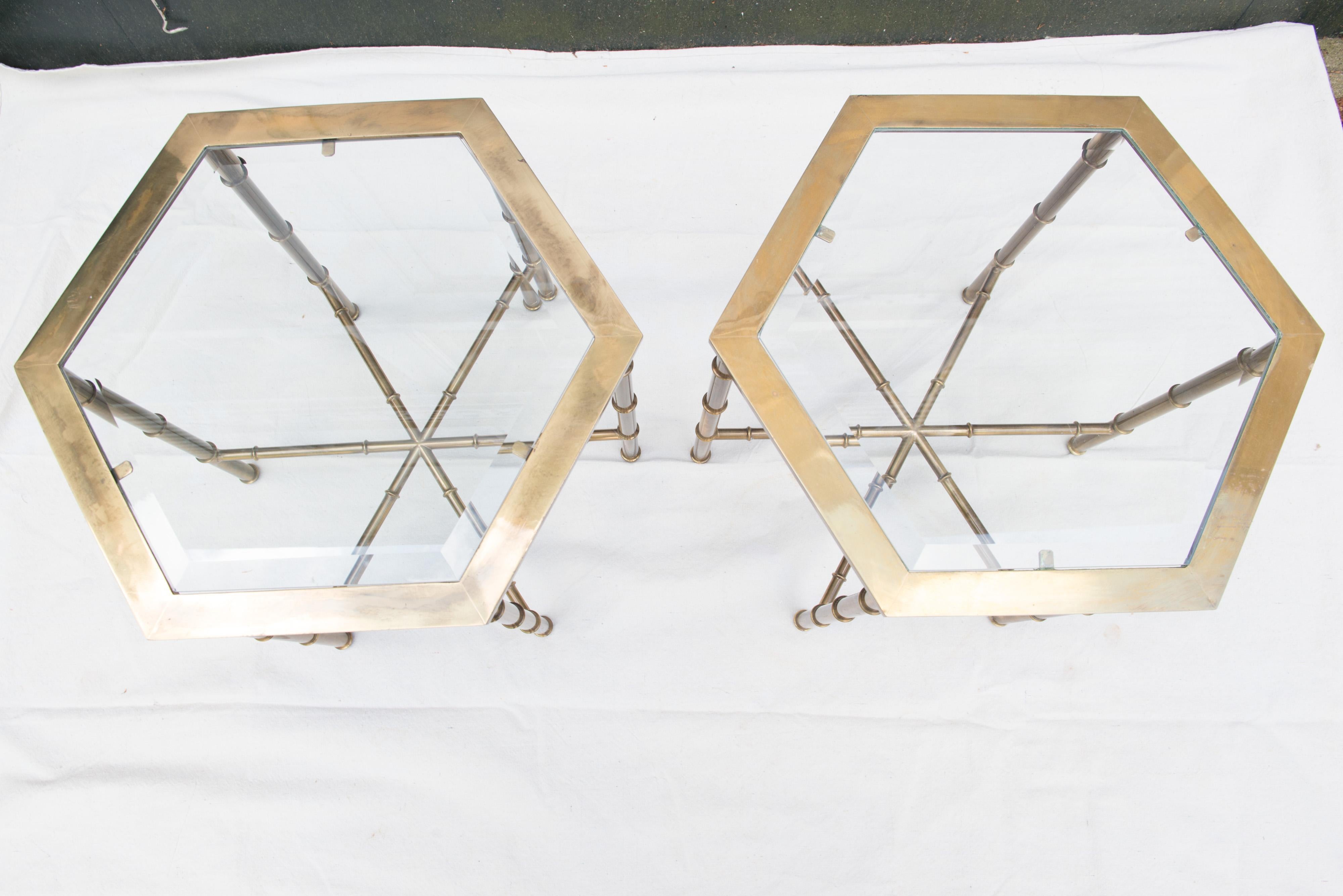 Pair of Solid Brass Faux Bamboo Mastercraft Hexagonal Side Tables 3