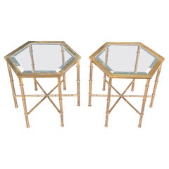 Pair of Solid Brass Faux Bamboo Mastercraft Hexagonal Side Tables