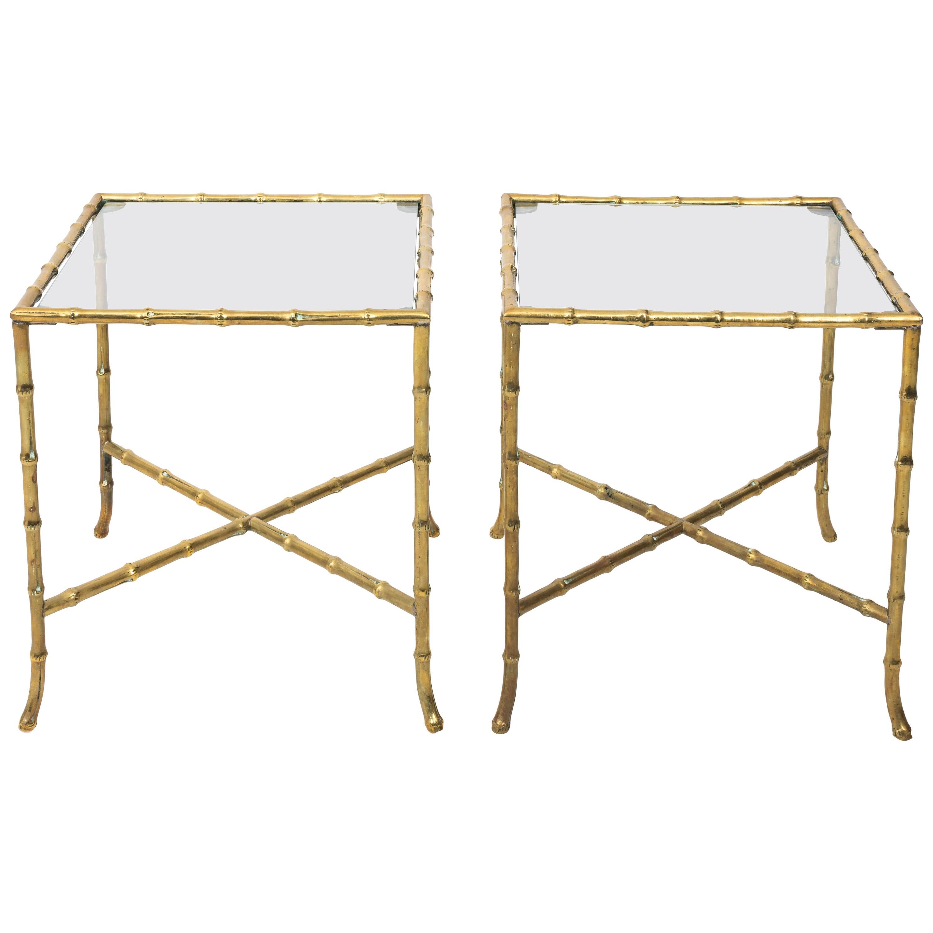 Pair of Solid Brass Faux Bamboo Side Tables Baguès Style