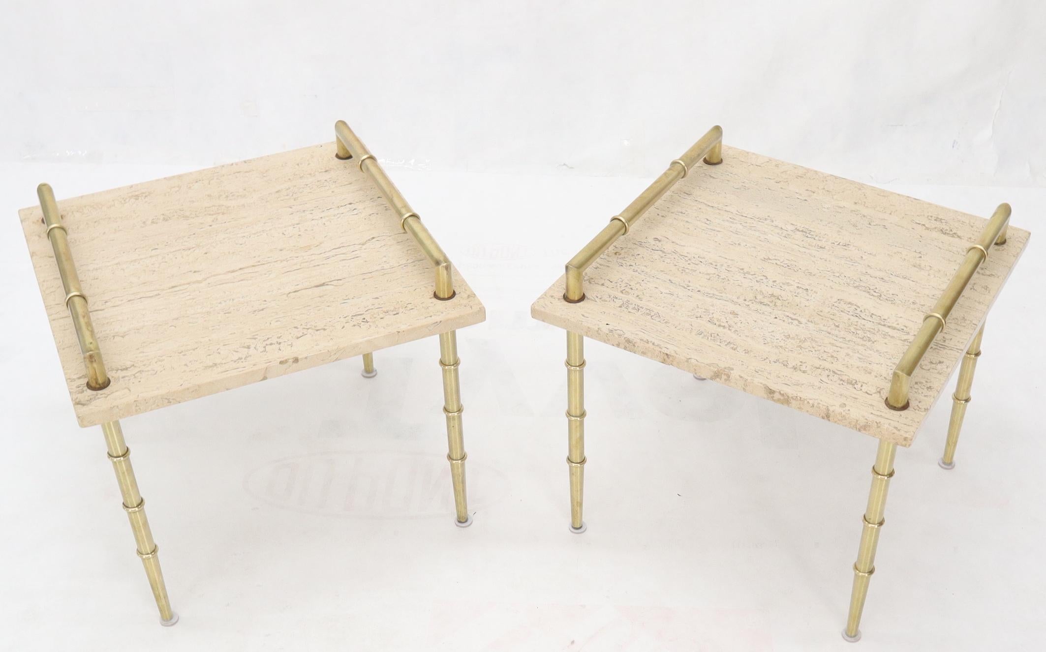 Pair of Solid Brass Faux Bamboo Tapered Legs Gallery Travertine Top Side Tables For Sale 5