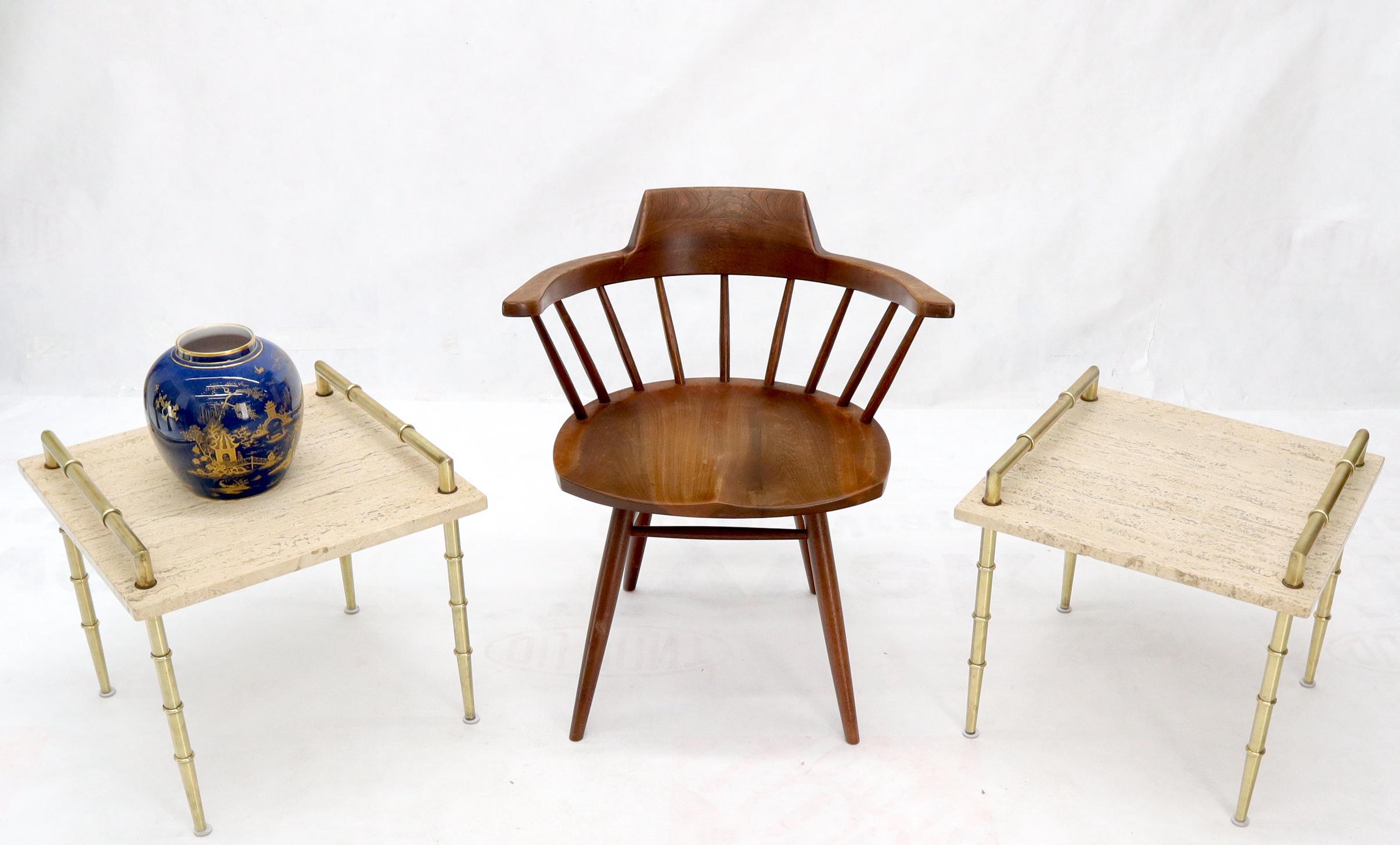 Pair of Mid-Century Modern brass tapered faux bamboo legs end side occasional tables.