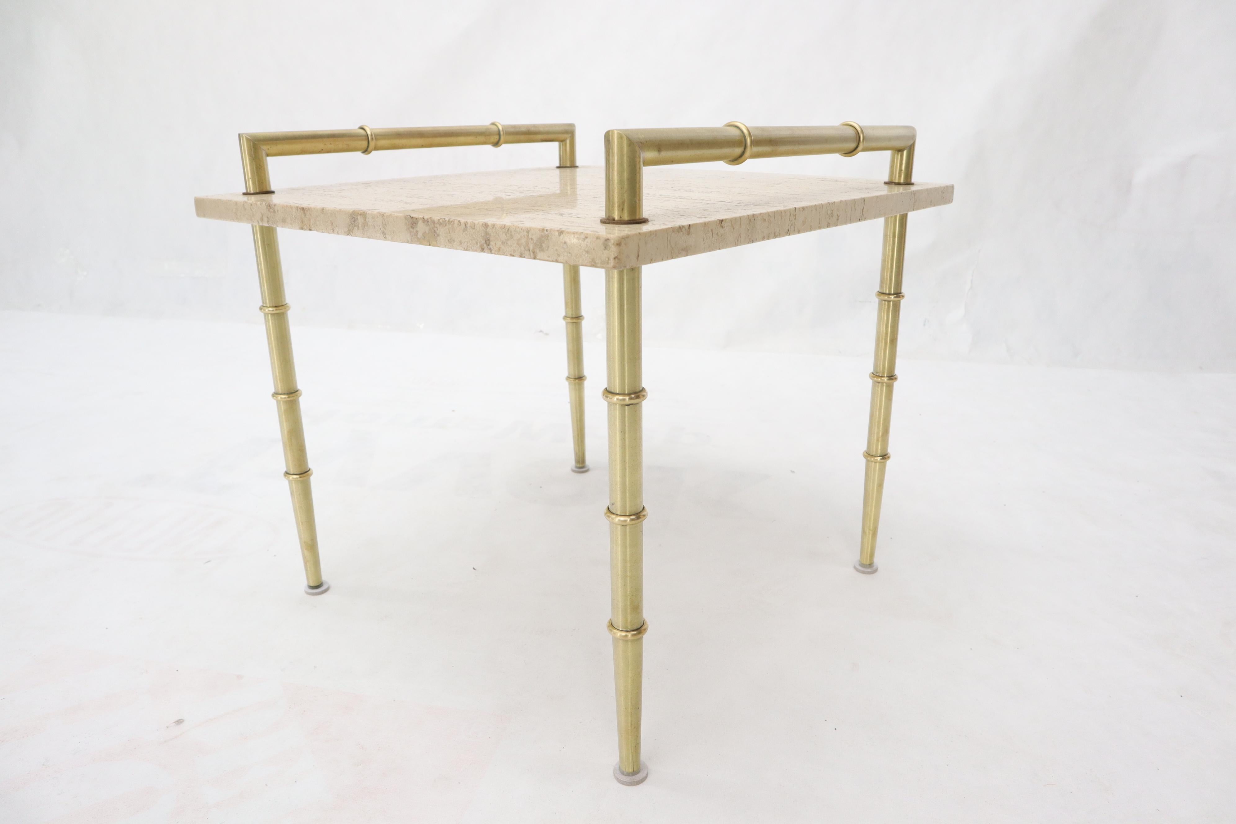 American Pair of Solid Brass Faux Bamboo Tapered Legs Gallery Travertine Top Side Tables For Sale