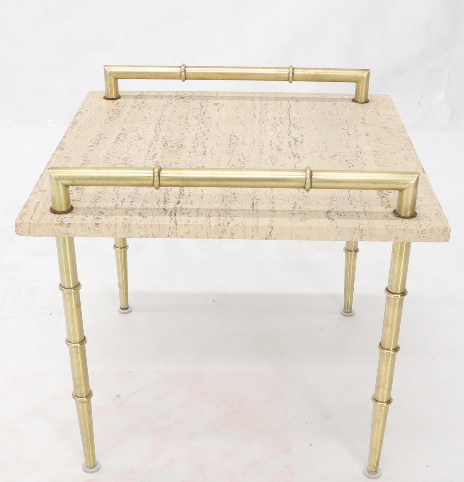 Pair of Solid Brass Faux Bamboo Tapered Legs Gallery Travertine Top Side Tables For Sale 1