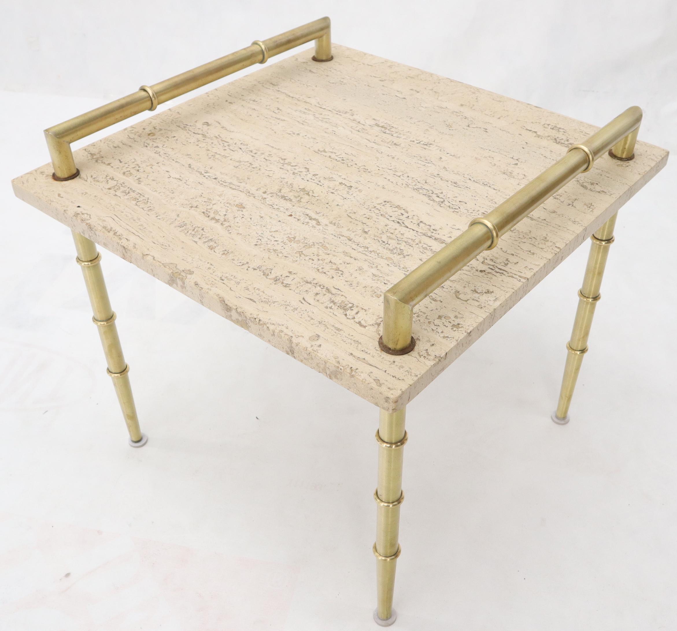 Pair of Solid Brass Faux Bamboo Tapered Legs Gallery Travertine Top Side Tables For Sale 2