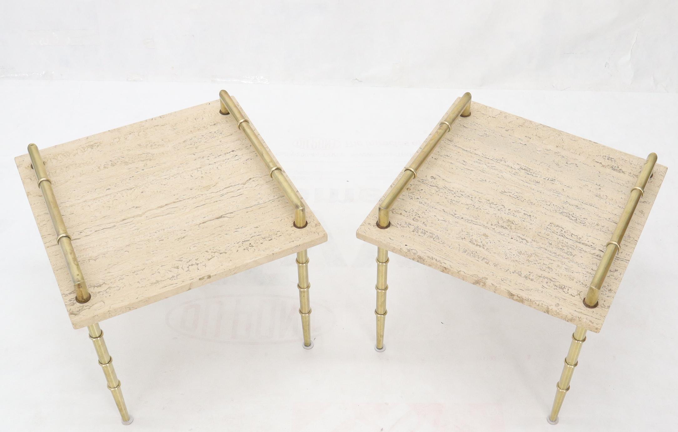 Pair of Solid Brass Faux Bamboo Tapered Legs Gallery Travertine Top Side Tables For Sale 3
