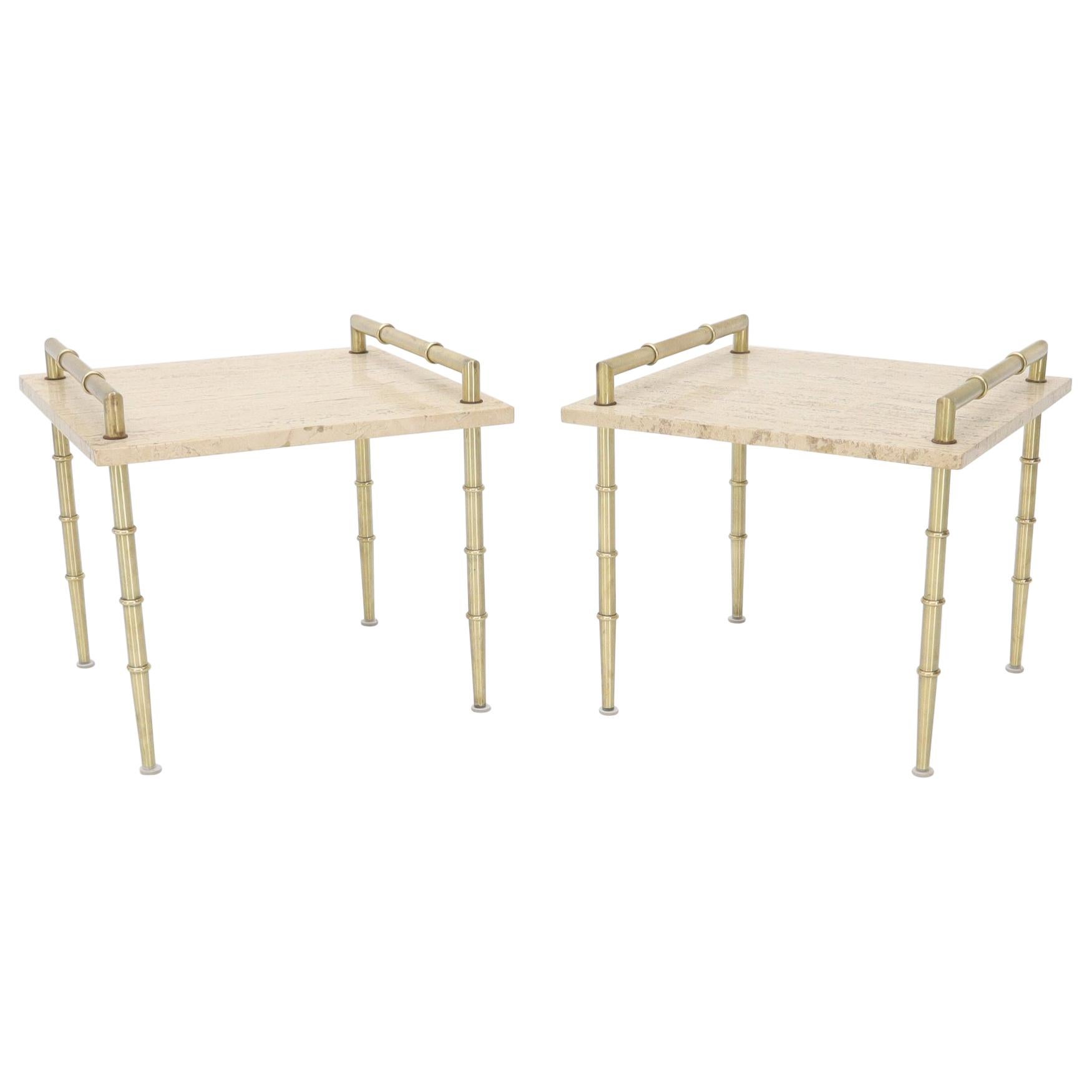 Pair of Solid Brass Faux Bamboo Tapered Legs Gallery Travertine Top Side Tables