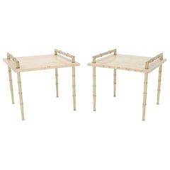 Pair of Solid Brass Faux Bamboo Tapered Legs Gallery Travertine Top Side Tables