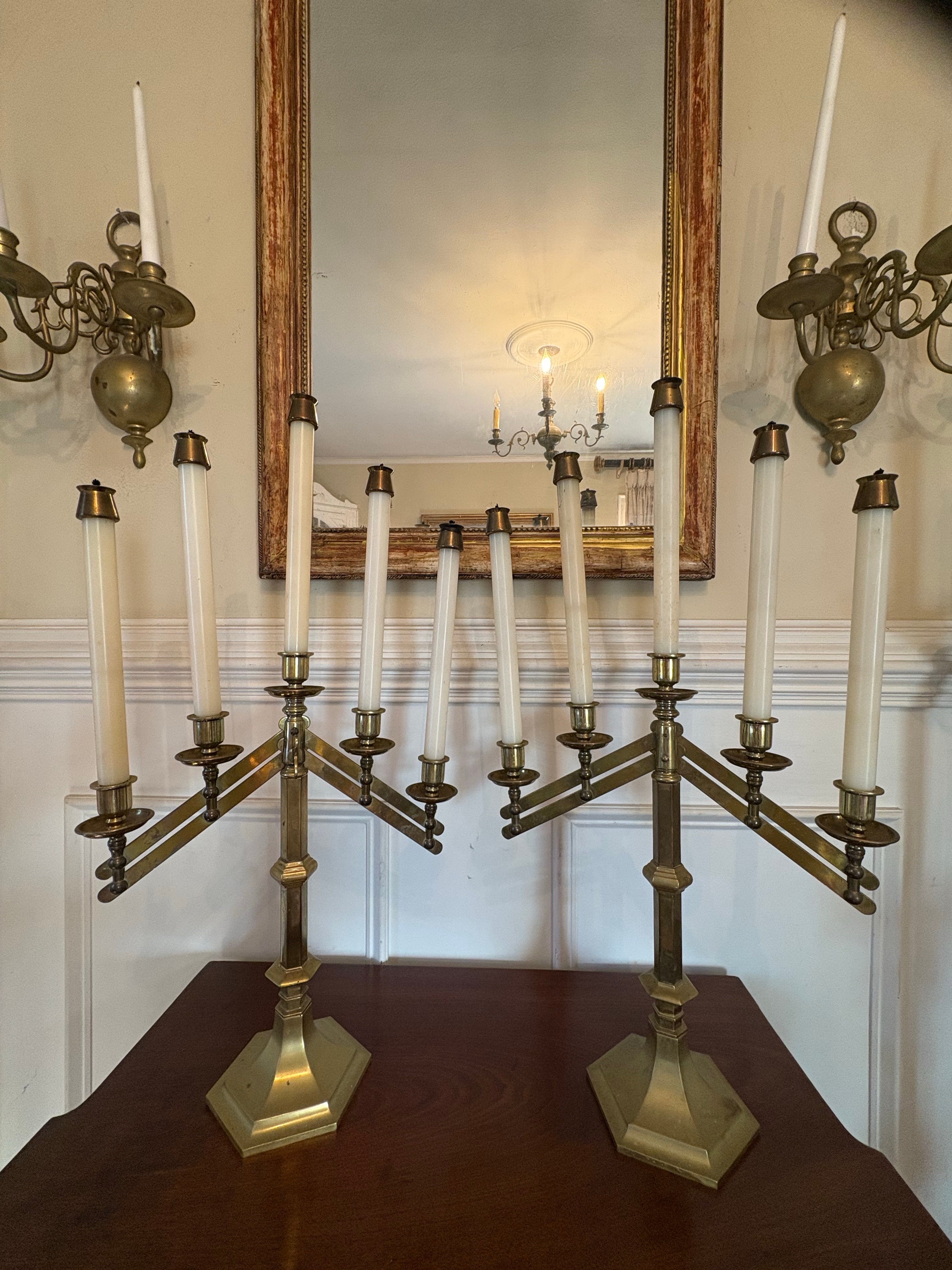 Pair of Solid Brass Five Candle Candelabras with Adjustable Heights, Mid 20th Century.  They include refillable oil liquid candles