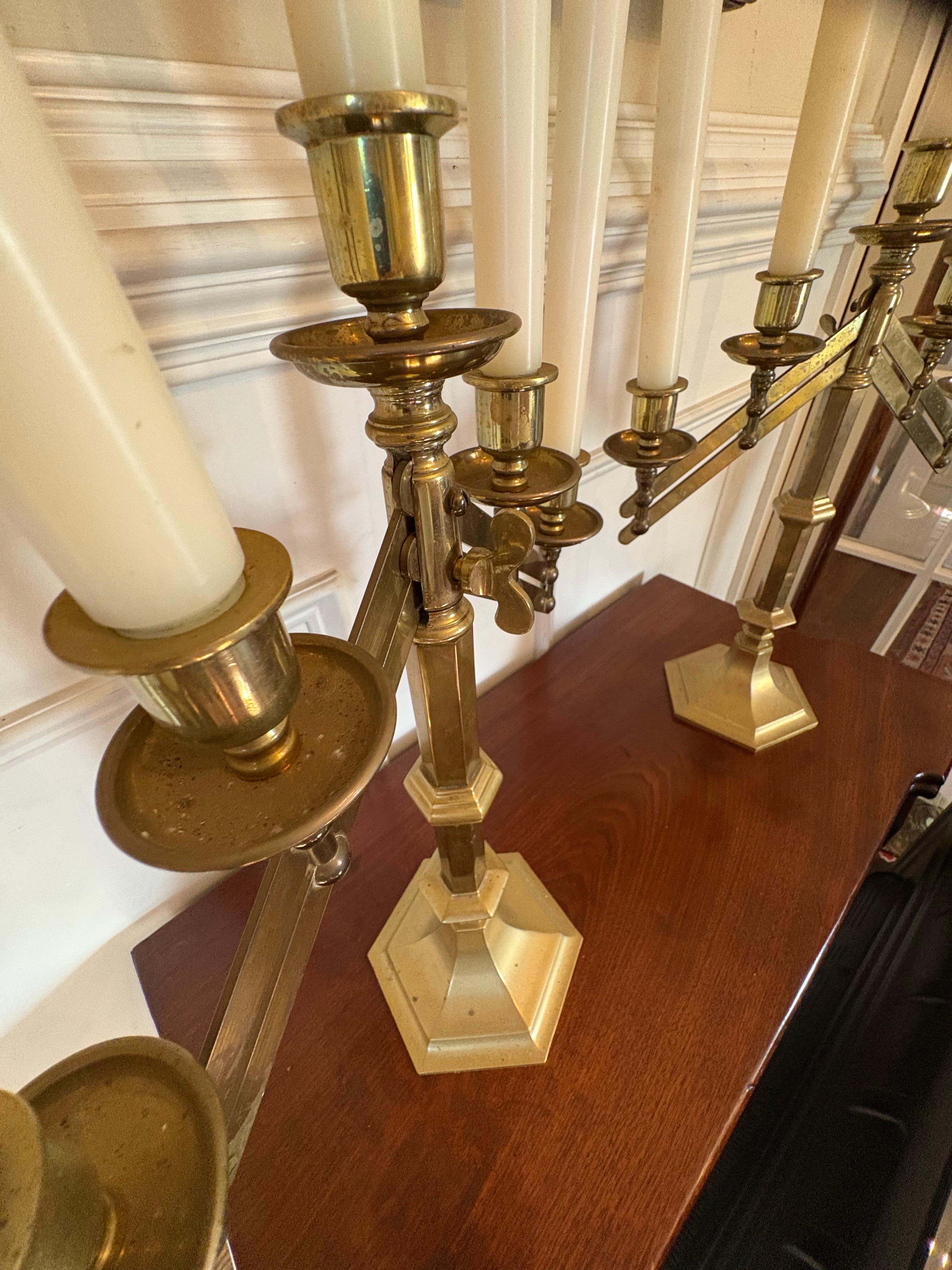 Pair of Solid Brass Five Candle Candelabra & Adjustable Height, Mid 20th Century (amerikanisch) im Angebot