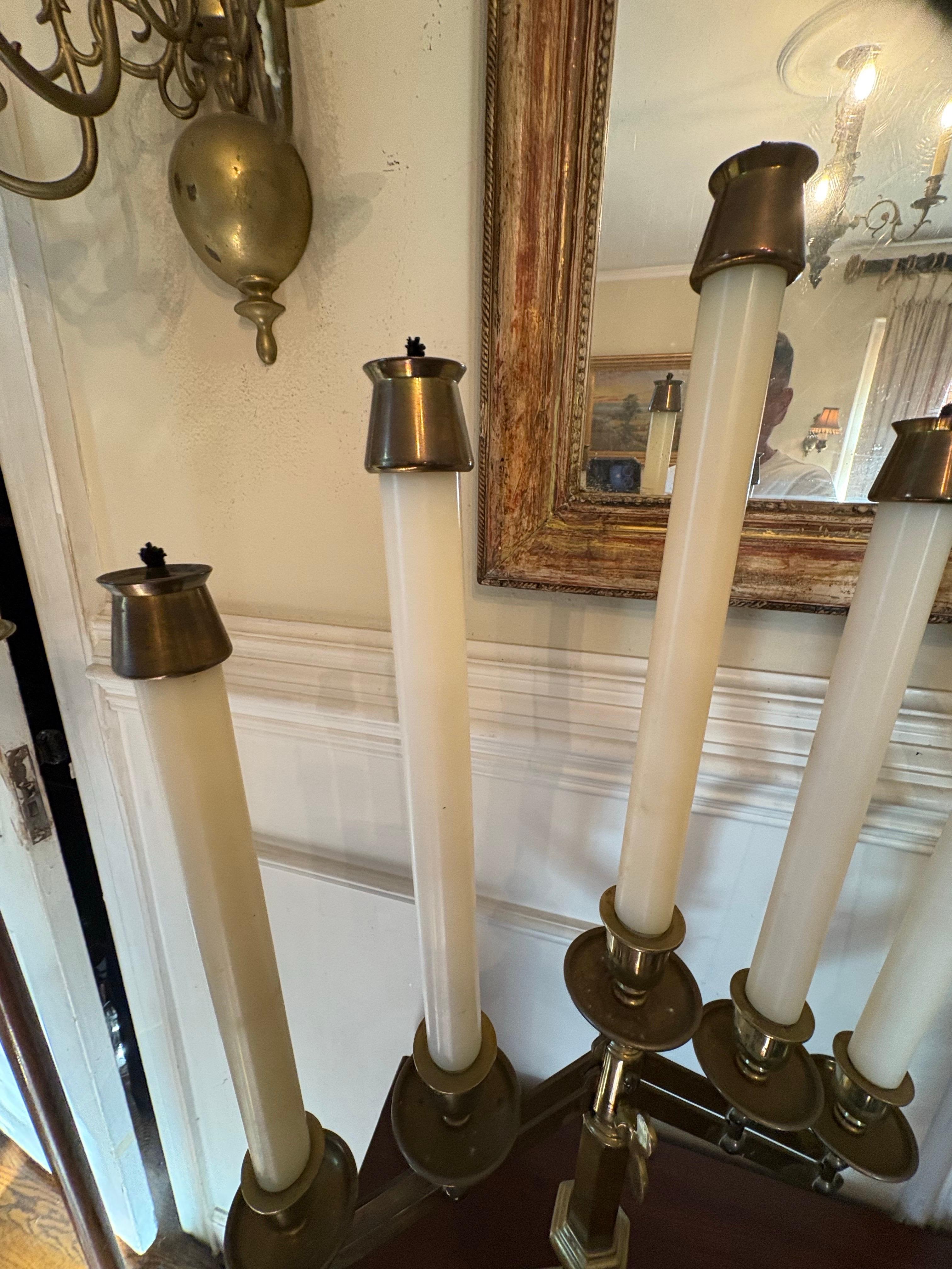 Pair of Solid Brass Five Candle Candelabra & Adjustable Height, Mid 20th Century (Messing) im Angebot