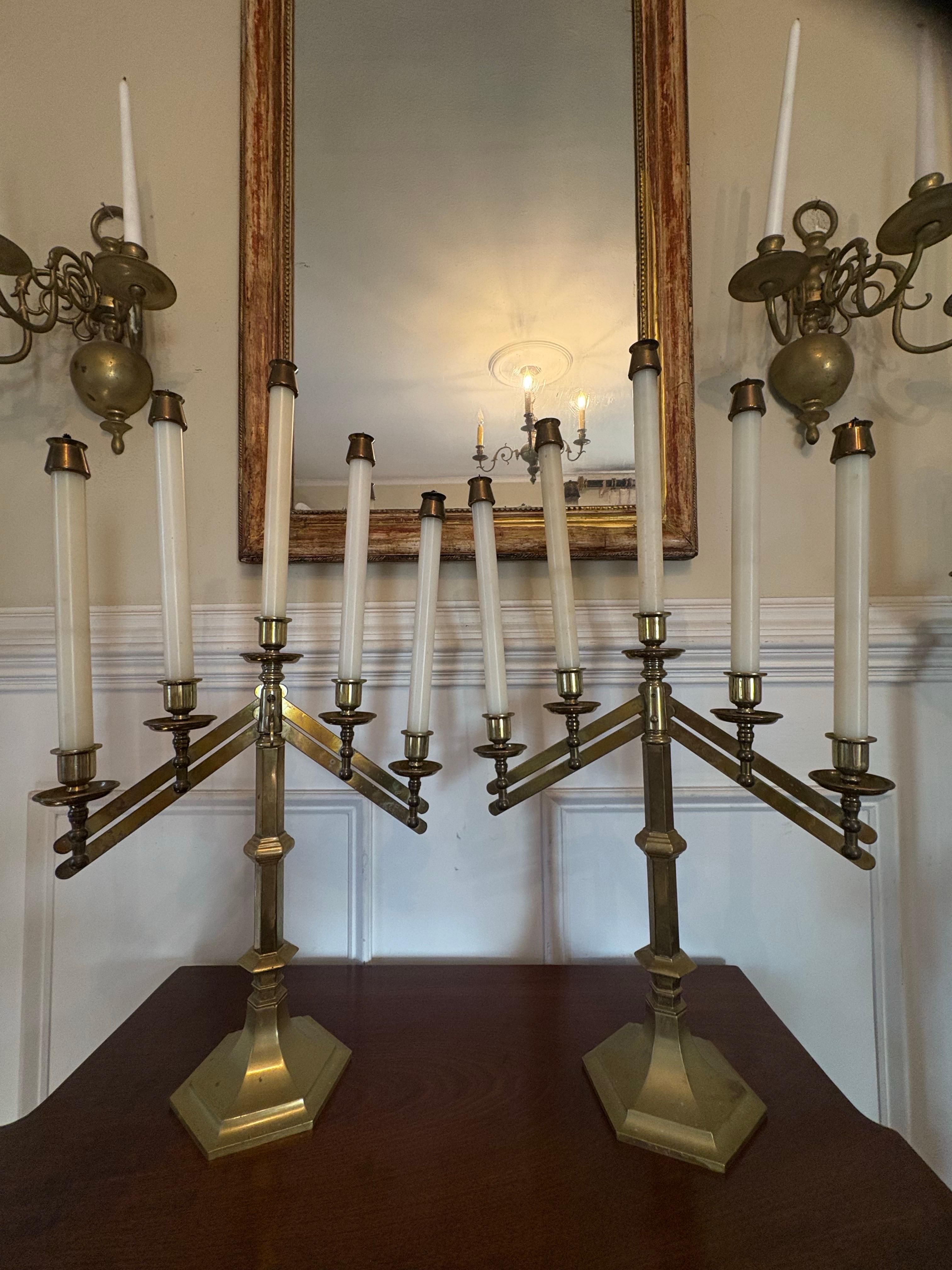 Pair of Solid Brass Five Candle Candelabra & Adjustable Height, Mid 20th Century im Angebot 2