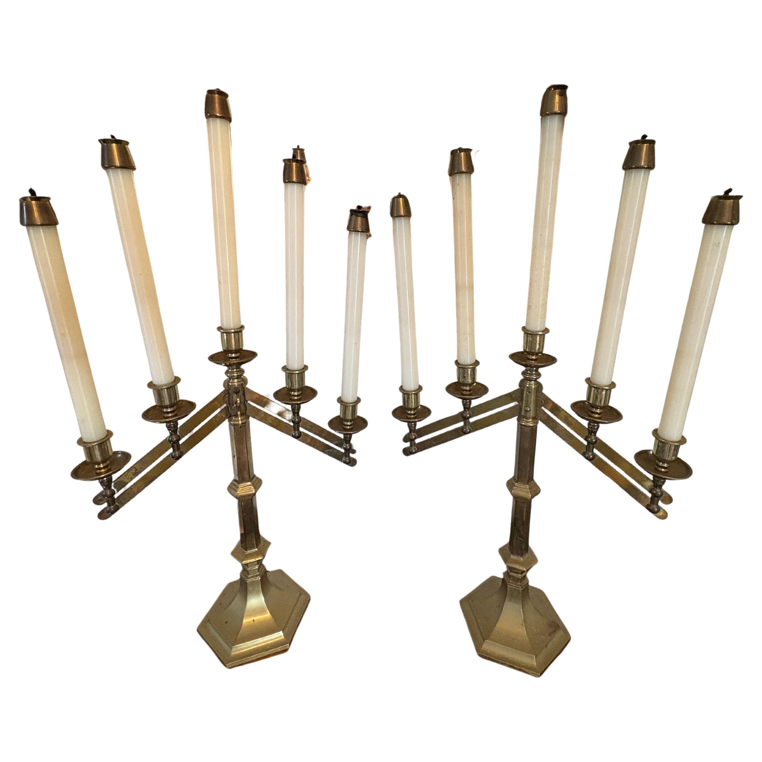 Pair of Solid Brass Five Candle Candelabra & Adjustable Height, Mid 20th Century