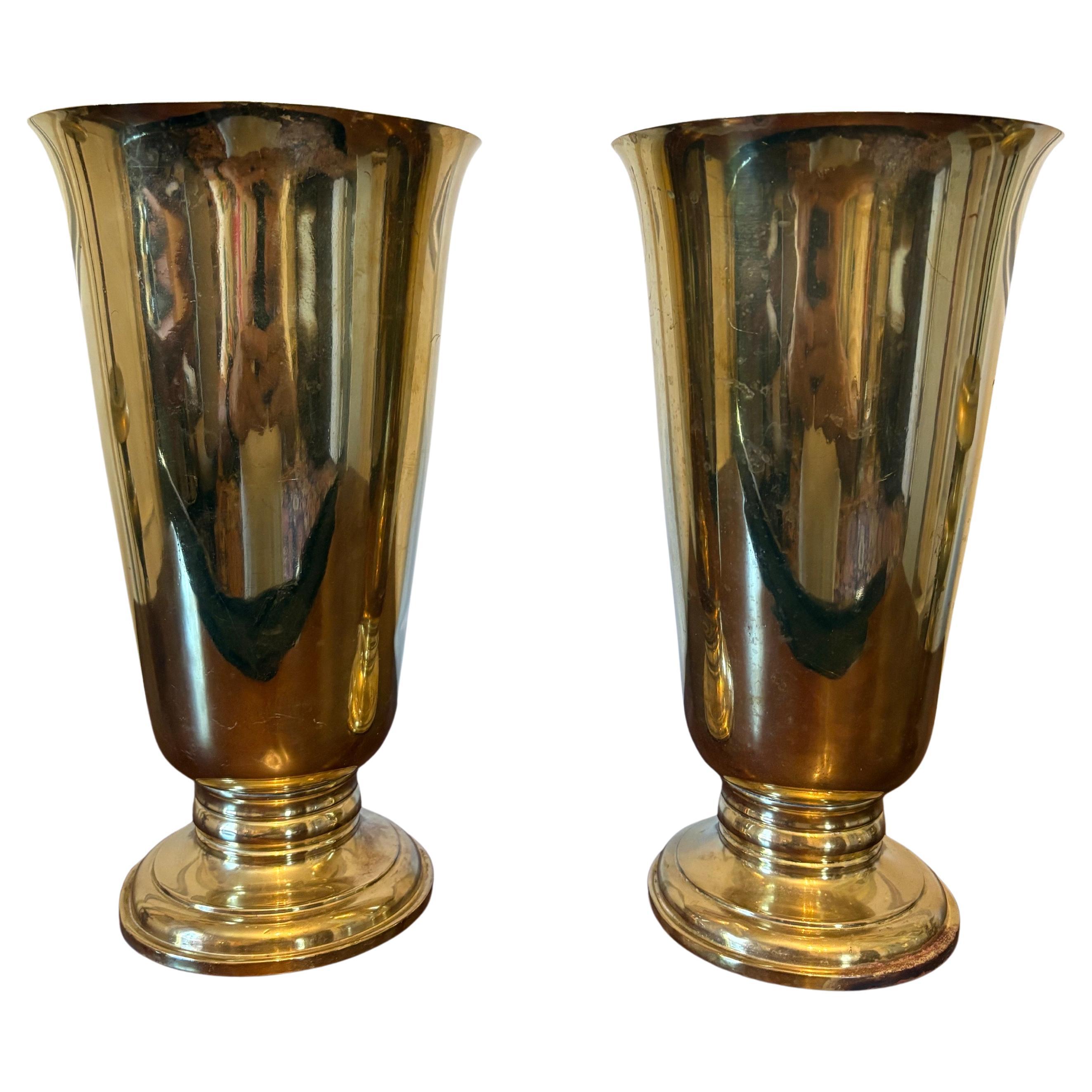 Pair of Solid Brass Floral Vases by Gorham Co., Mid 20th Century