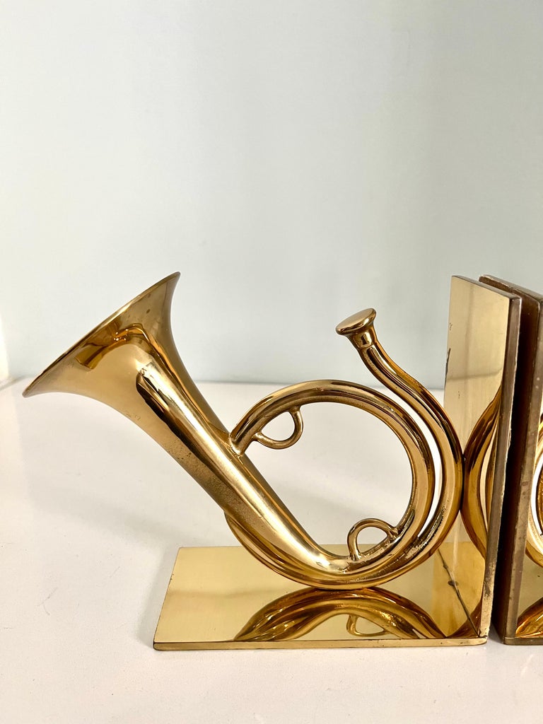 Mid-Century Modern Pair of Solid Brass French Horn Bookends For Sale