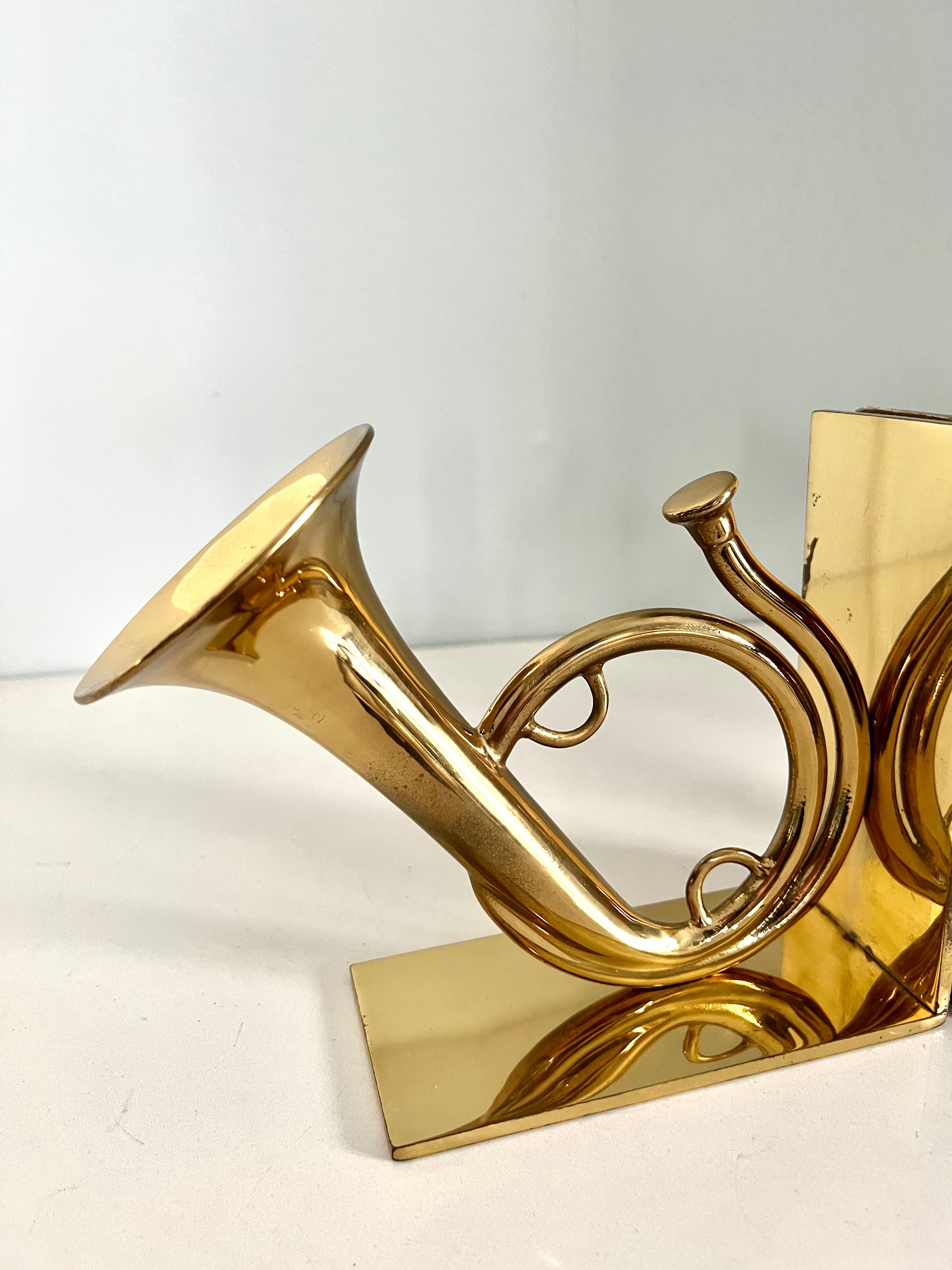 Polished Pair of Solid Brass French Horn Bookends