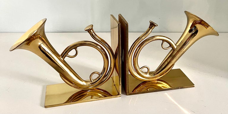 20th Century Pair of Solid Brass French Horn Bookends For Sale