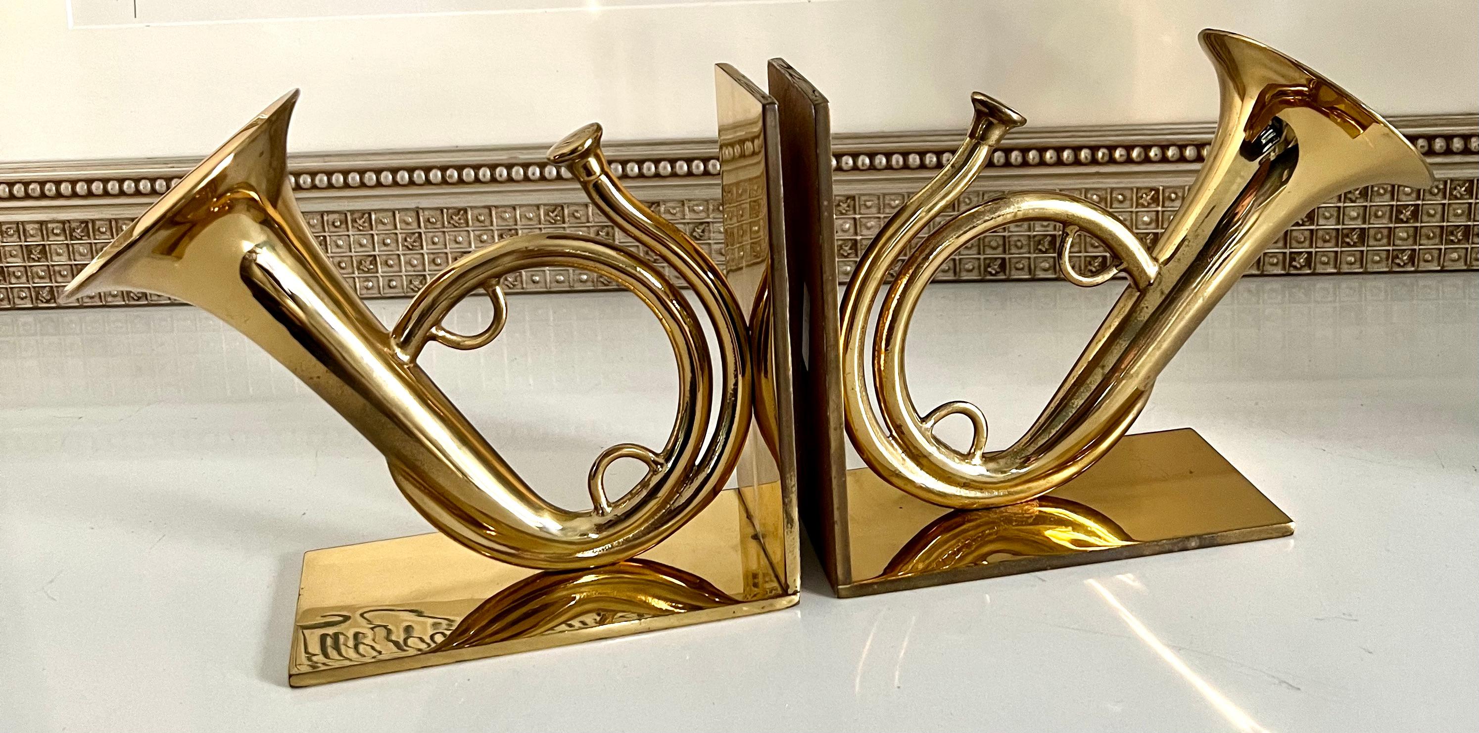 Pair of Solid Brass French Horn Bookends 1