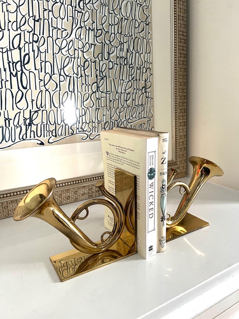 Pair of Solid Brass French Horn Bookends For Sale 2