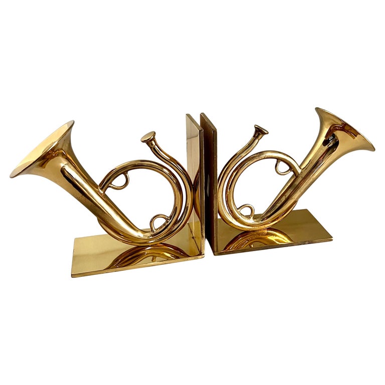 Pair of Solid Brass French Horn Bookends For Sale