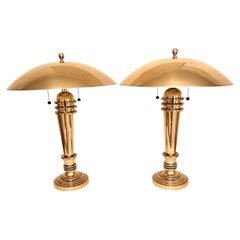 Pair of Solid Brass German Art Deco Mushroom Dome Table Lamps