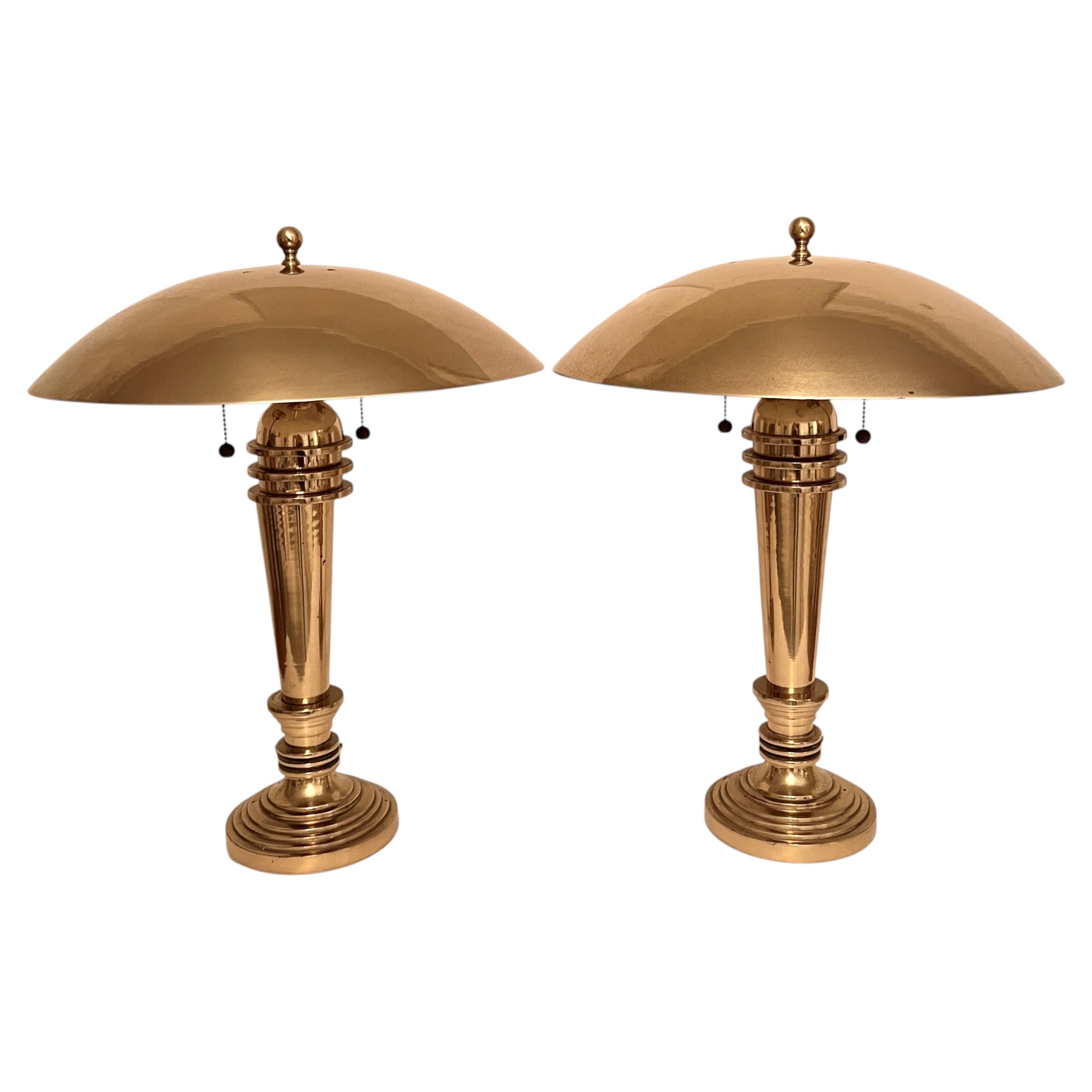 Pair of Solid Brass German Art Deco Mushroom Dome Table Lamps