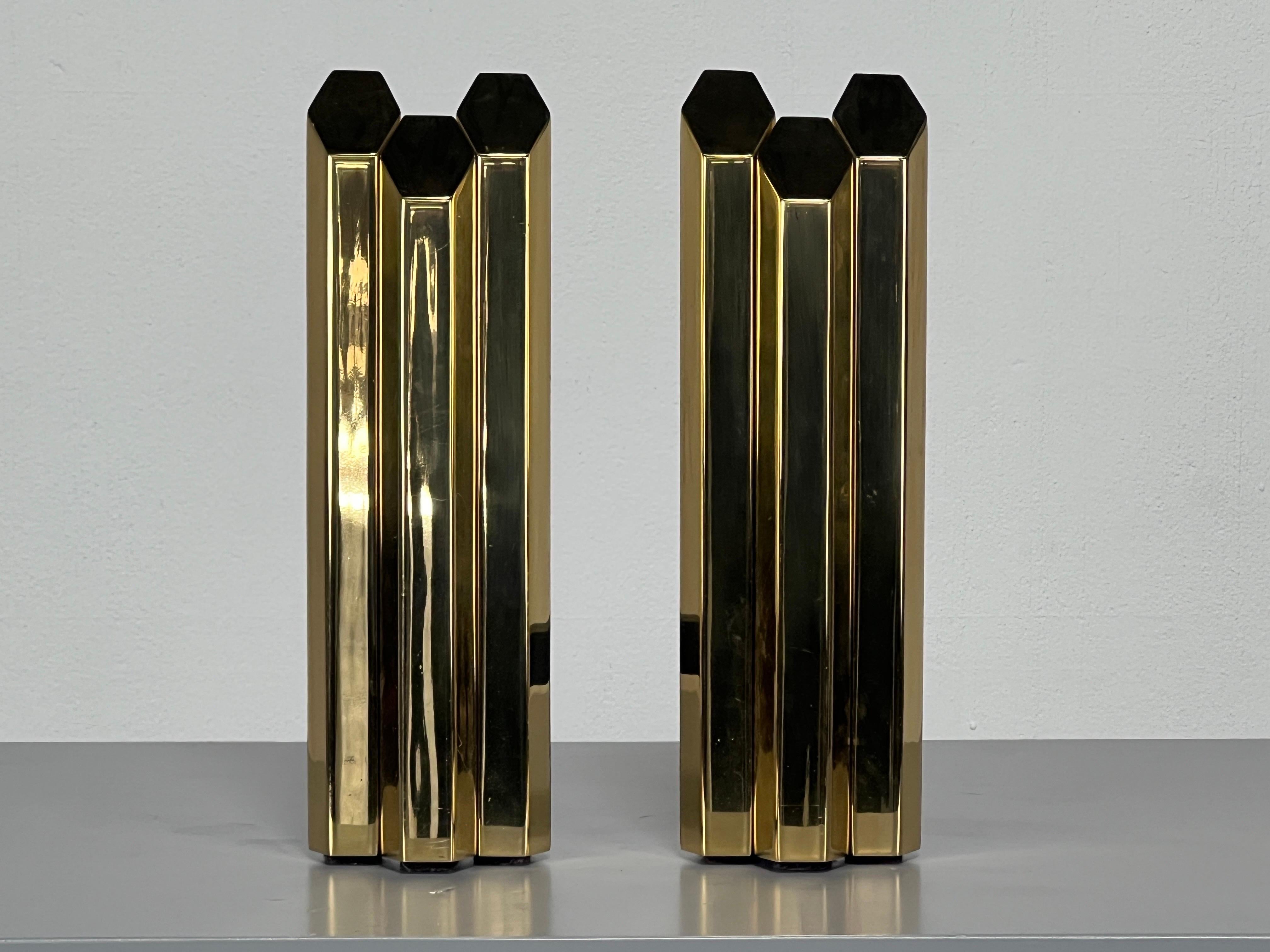 Pair of Solid Brass Hexagonal Andirons  In Good Condition For Sale In Dallas, TX