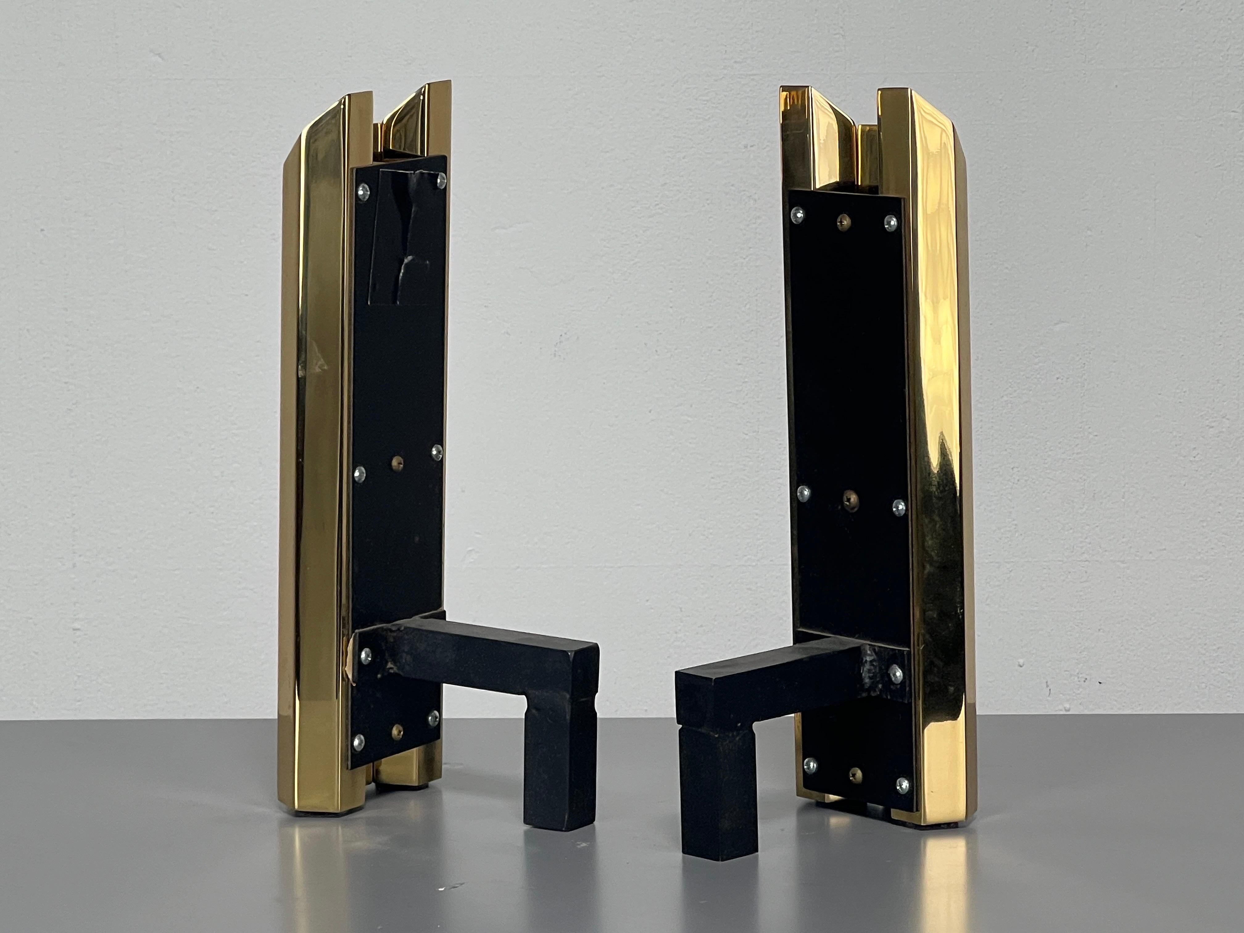 Pair of Solid Brass Hexagonal Andirons  For Sale 4