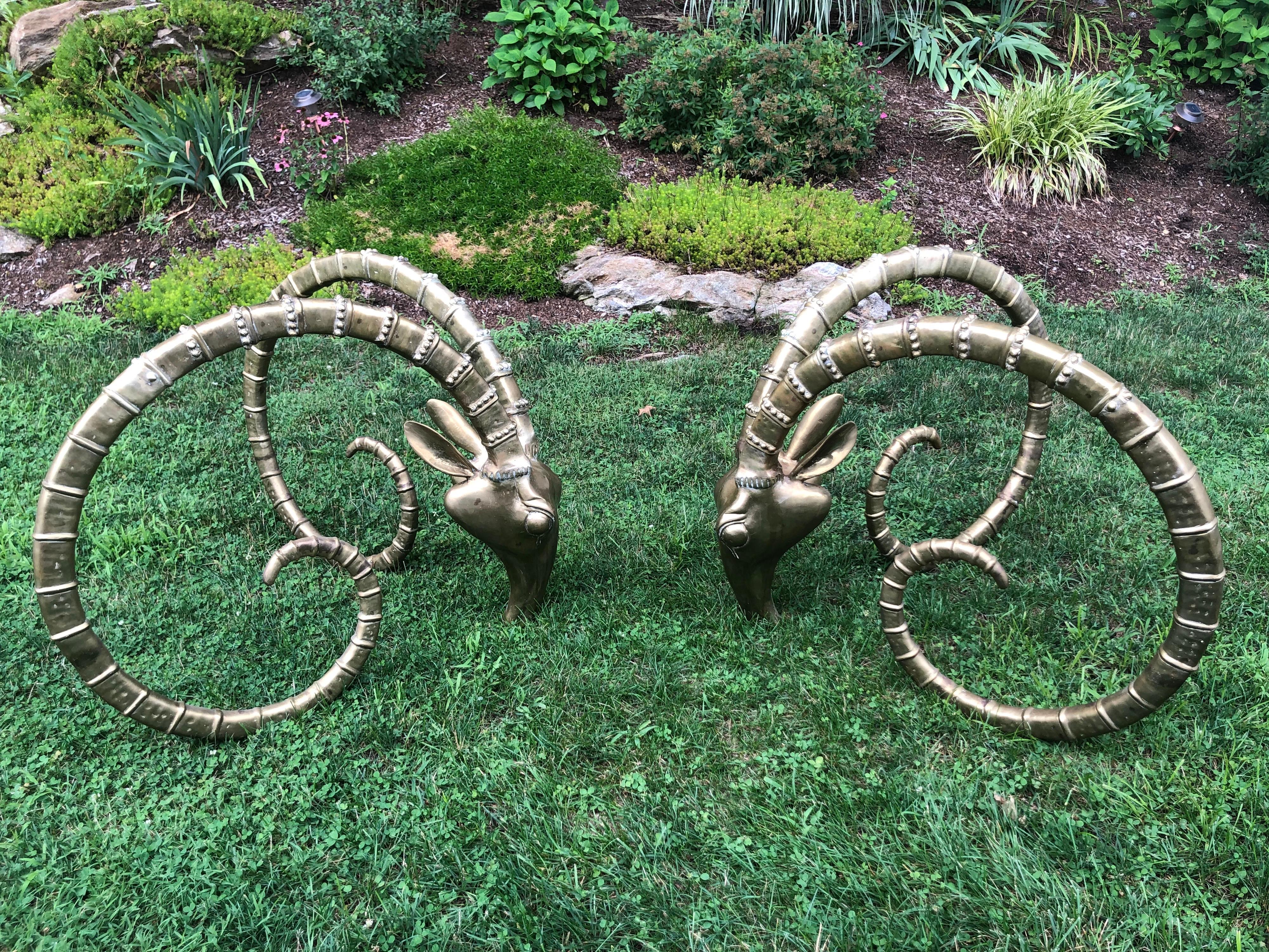 Pair of Brass Ibex Ram Head Dining Table Bases in the Style of Alain Chervet In Good Condition In Redding, CT