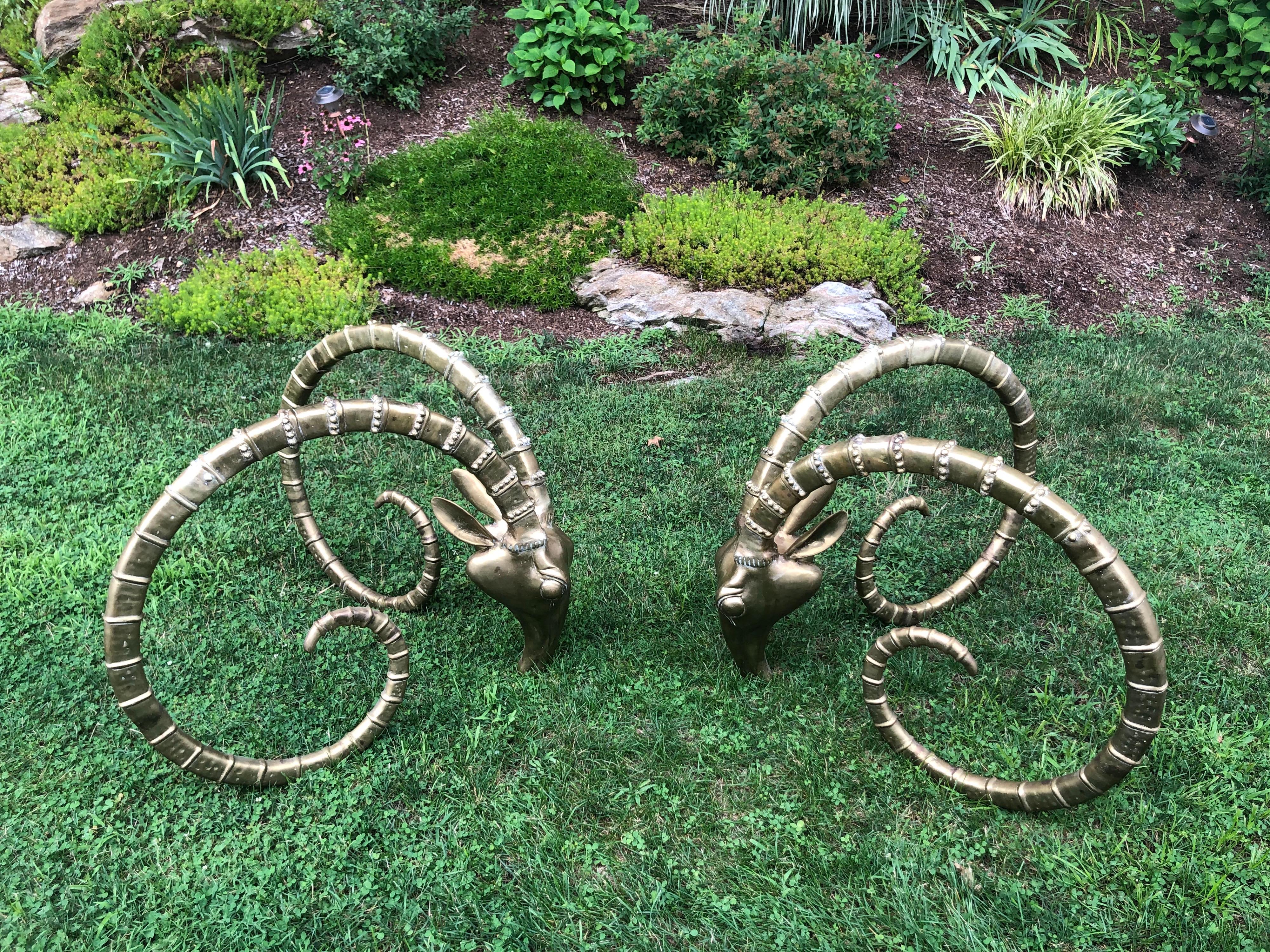 Late 20th Century Pair of Brass Ibex Ram Head Dining Table Bases in the Style of Alain Chervet