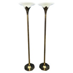 Pair of Solid Brass "Lily" Torchiere Floor Lamps by Tommi Parzinger for Stiffel