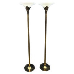 Pair of Solid Brass "Lily" Torchiere Floor Lamps by Tommi Parzinger for Stiffel