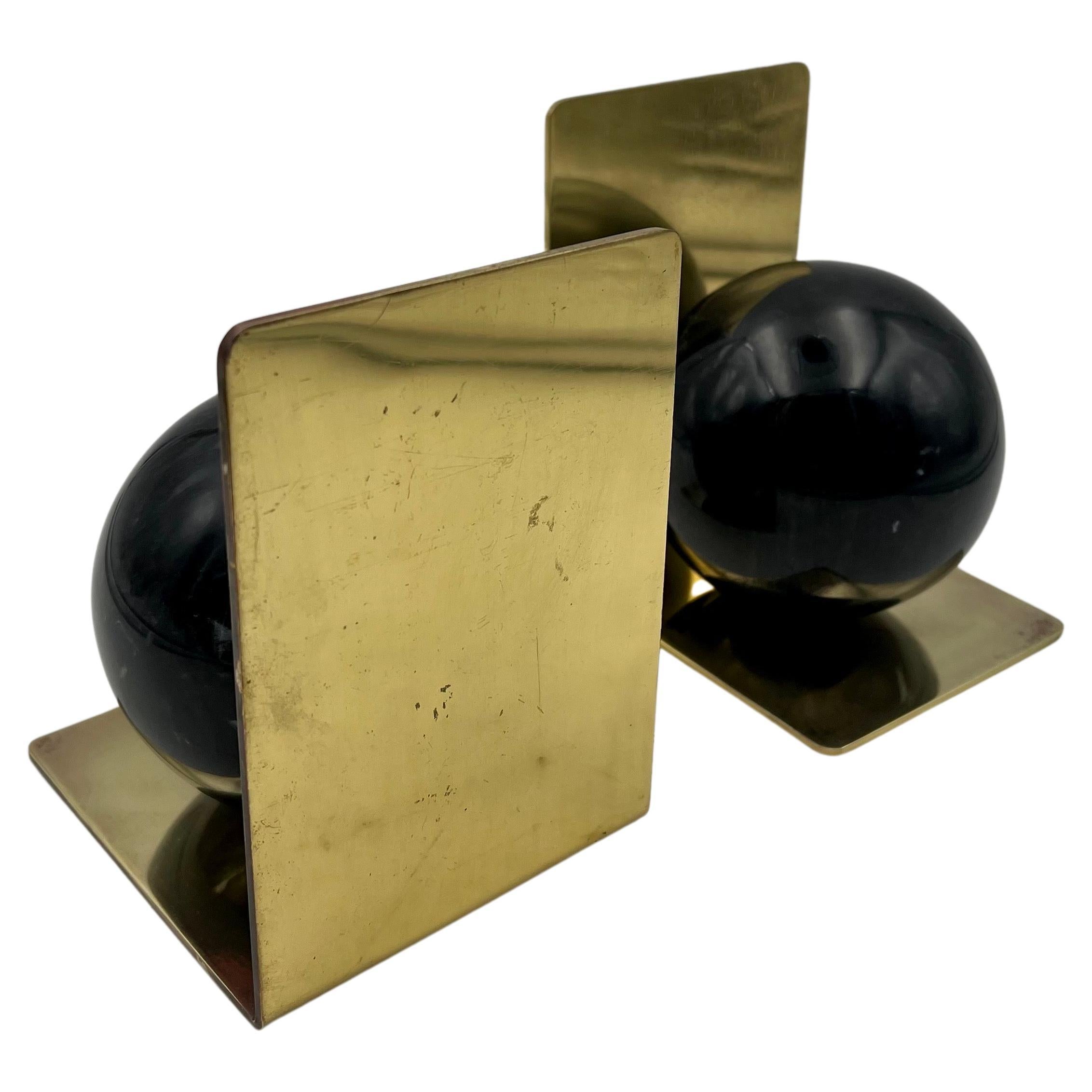 Post-Modern Pair of Solid Brass & Marble Bookends Postmodern Memphis Era For Sale