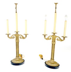 Pair of Solid Brass & Marble Candelabra Style Table Lamps w/ Matching Shades