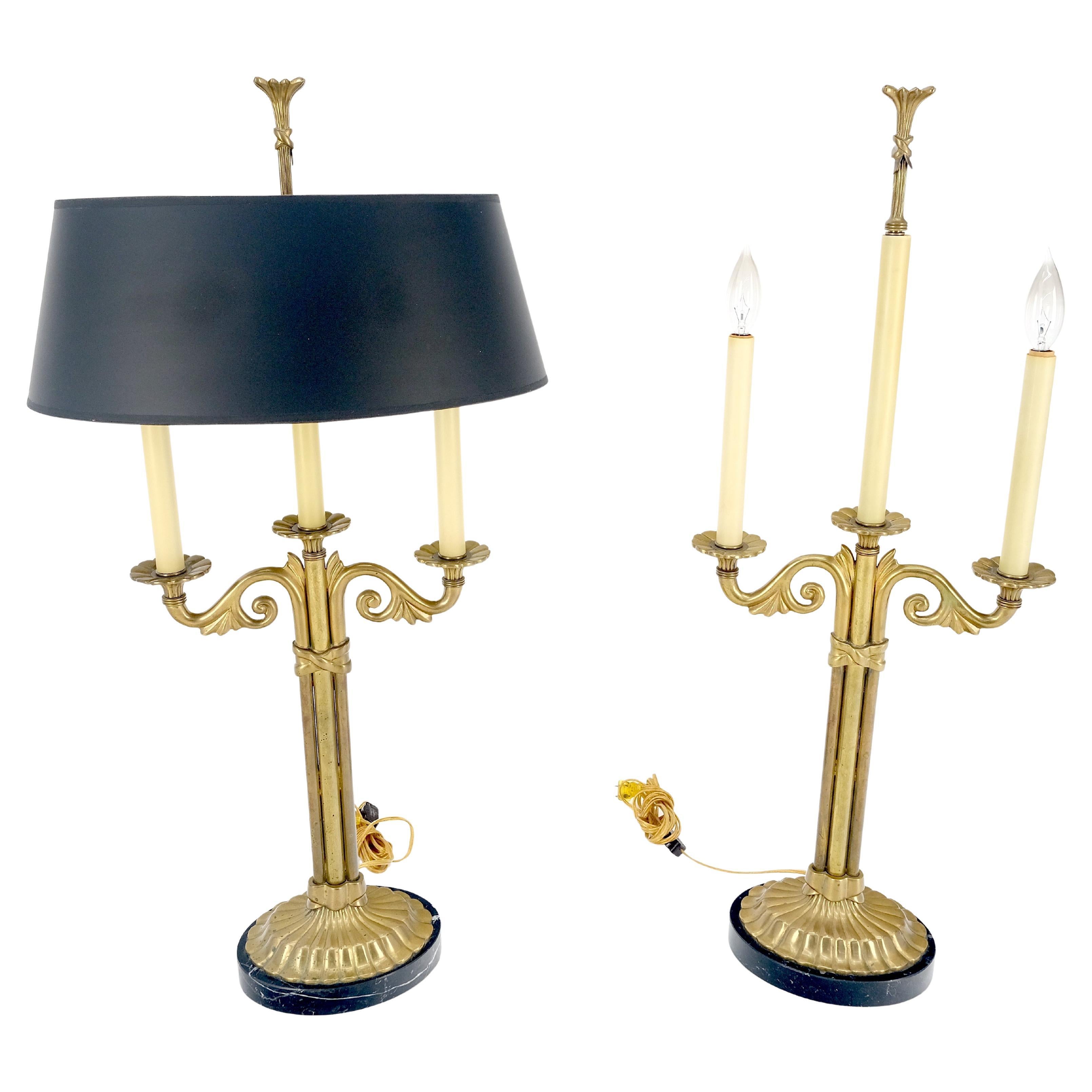 Pair of Solid Brass & Marble Candelabra Style Table Lamps w/ Matching Shades