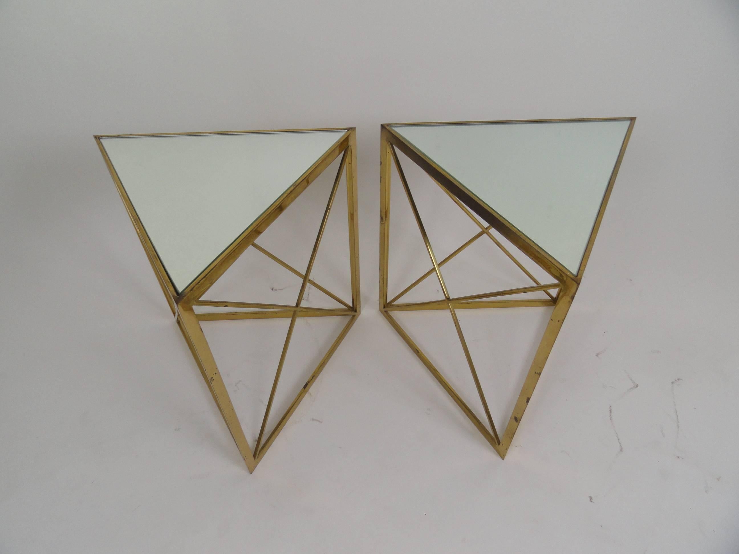 Pair of solid brass triangle tables, midcentury. Mirror insert top.