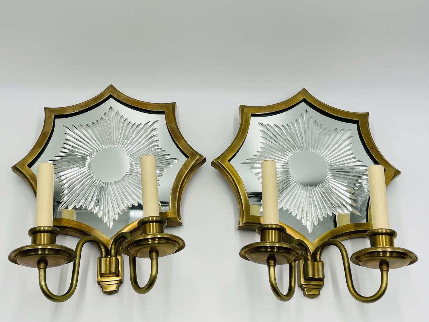 Regency Pair of Solid Brass & Mirror Wall Sconces, E. F. Caldwell Attb