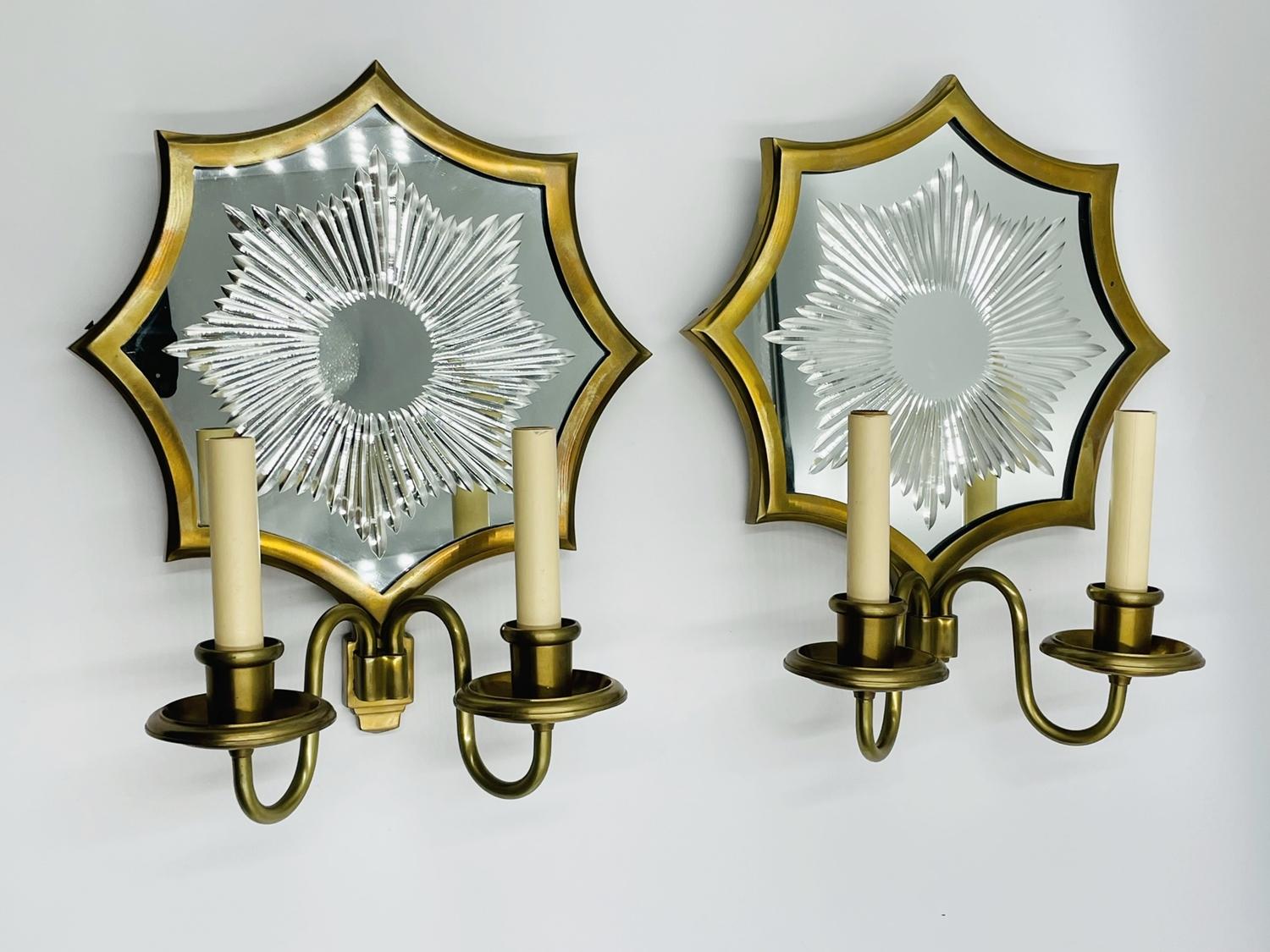 English Pair of Solid Brass & Mirror Wall Sconces, E. F. Caldwell Attb