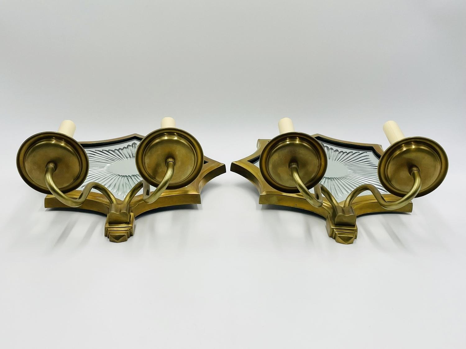 Pair of Solid Brass & Mirror Wall Sconces, E. F. Caldwell Attb In Good Condition In Los Angeles, CA