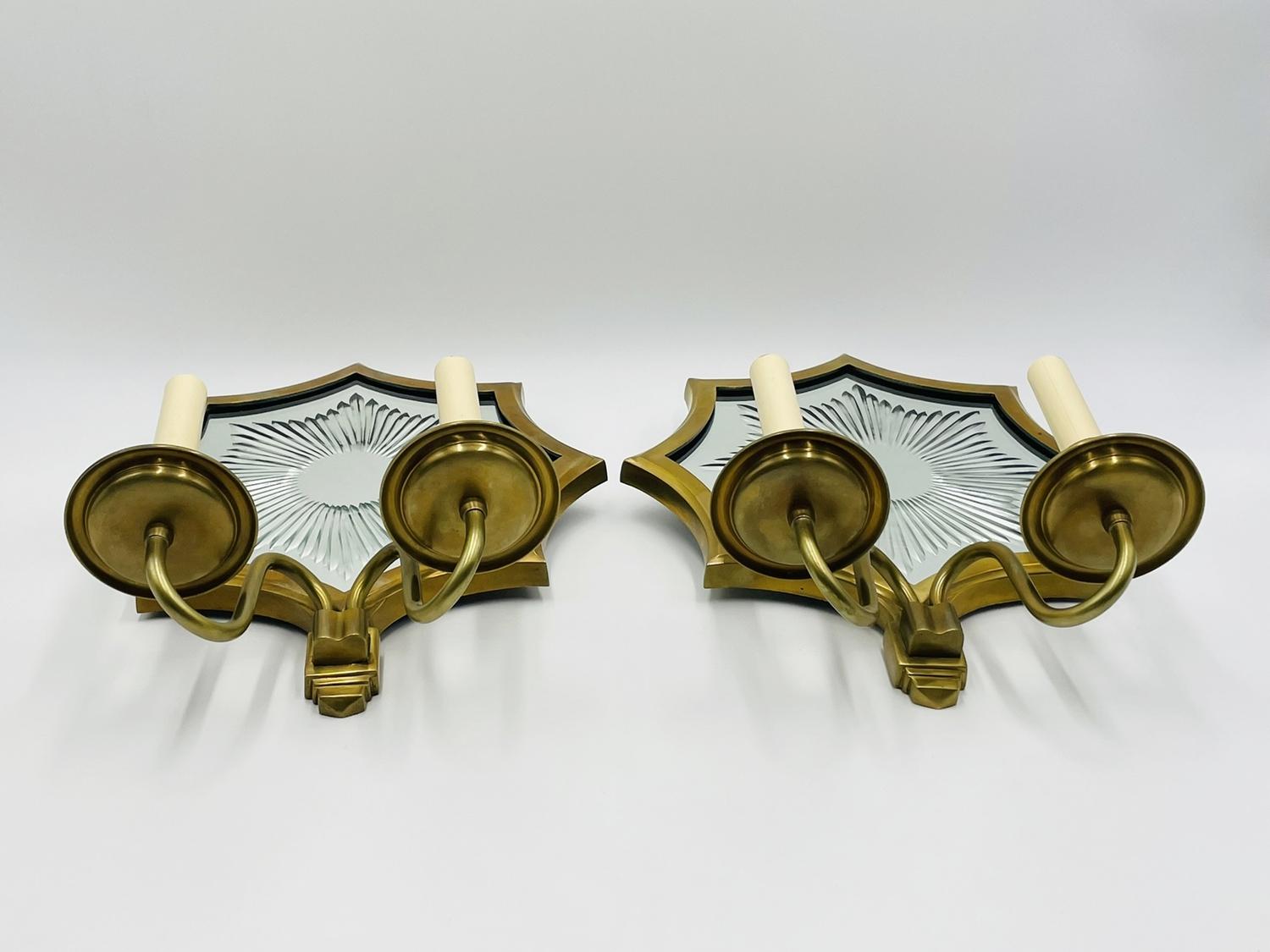 Late 20th Century Pair of Solid Brass & Mirror Wall Sconces, E. F. Caldwell Attb