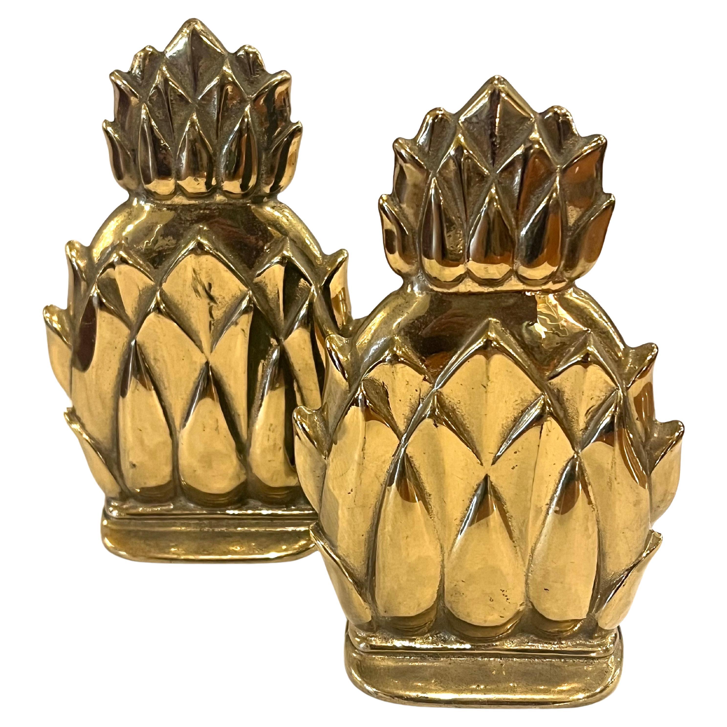 Pair of Solid Brass Newport Pineapple Bookends by Virginia Metalcrafters For Sale