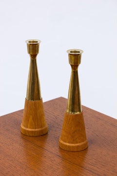 Pair of Solid Brass & Oak Scandinavian Candlesticks