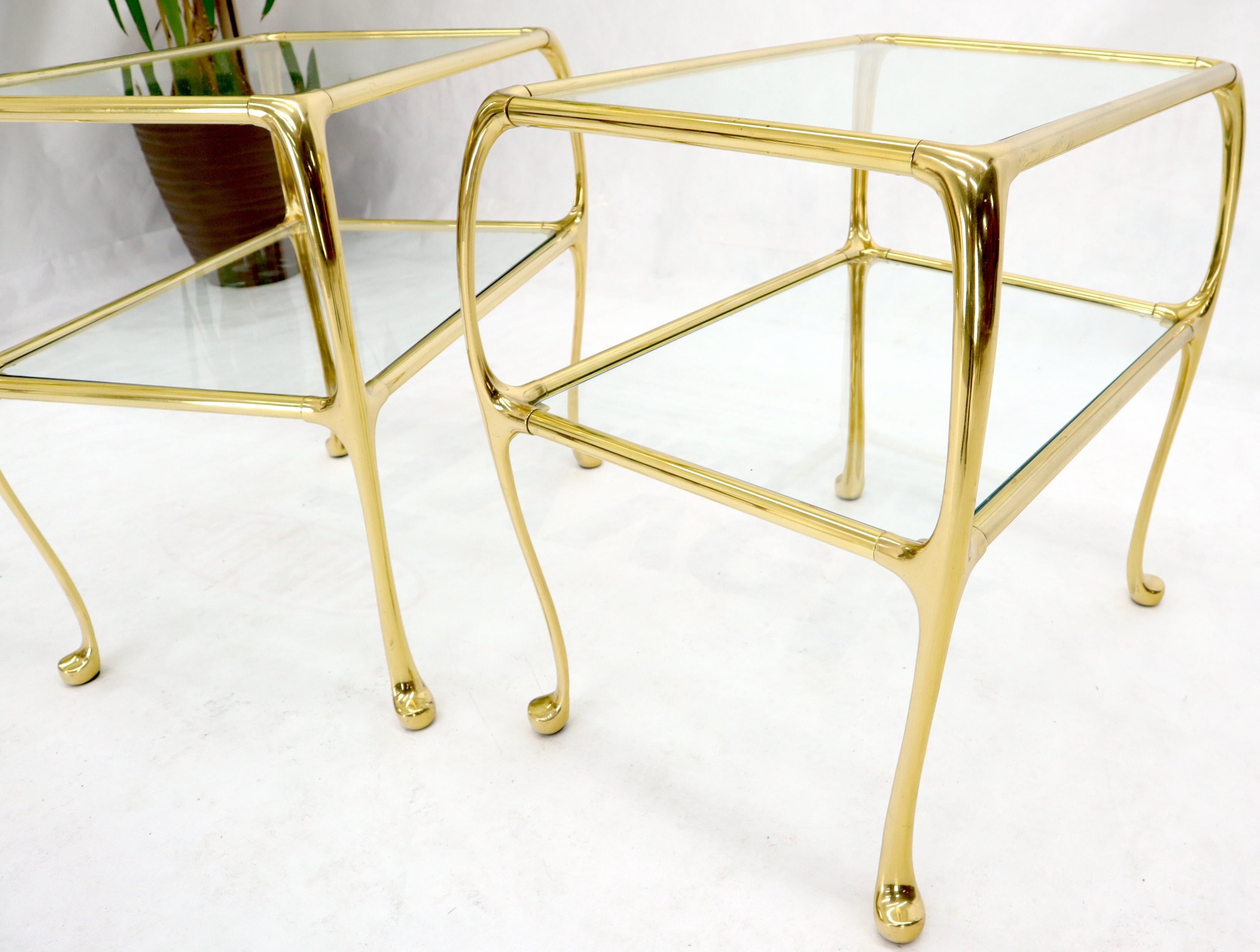 Hollywood Regency Pair of Solid Brass or Bronze Rectangular Two-Tier Glass Top Side End Tables For Sale