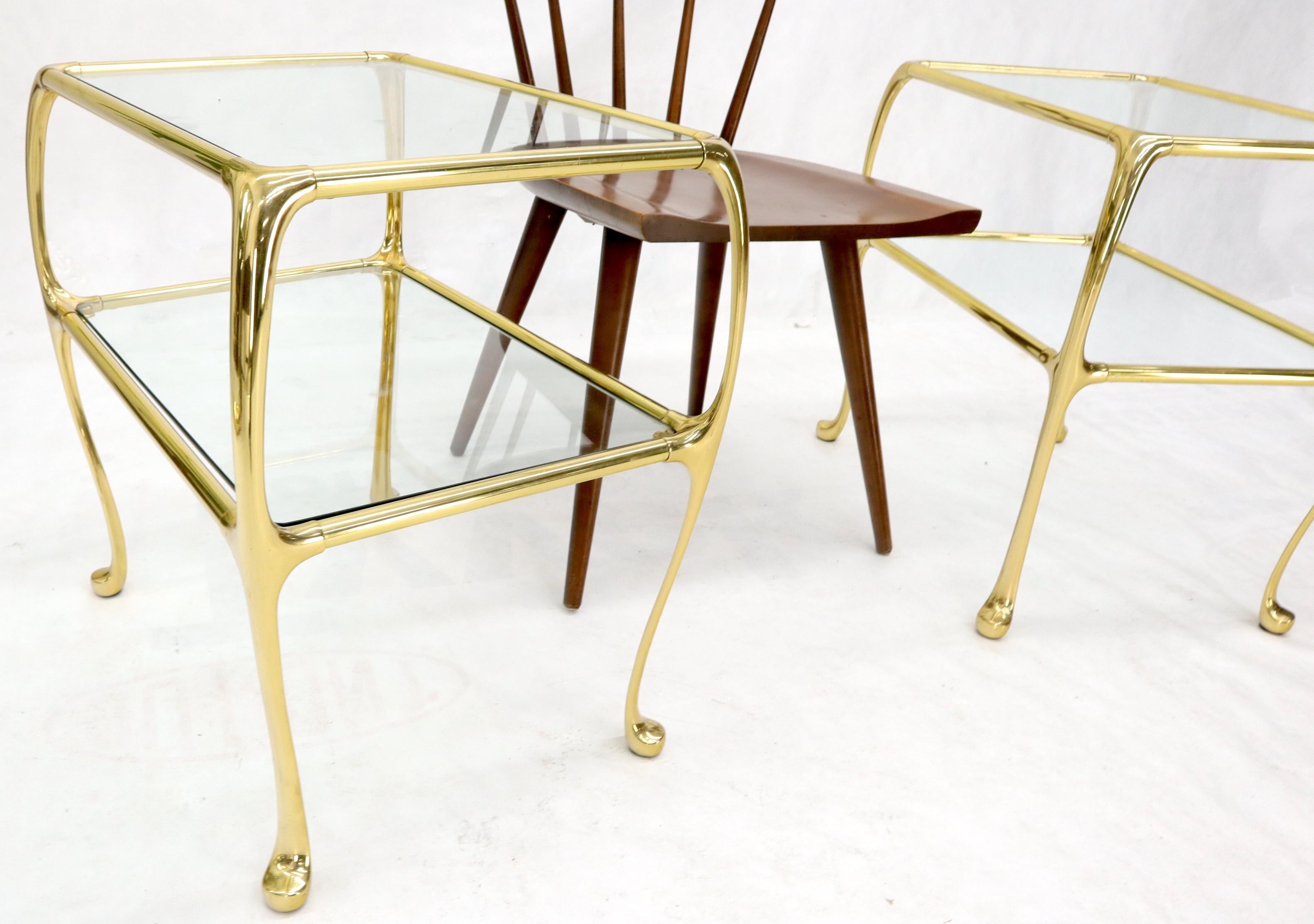 American Pair of Solid Brass or Bronze Rectangular Two-Tier Glass Top Side End Tables For Sale